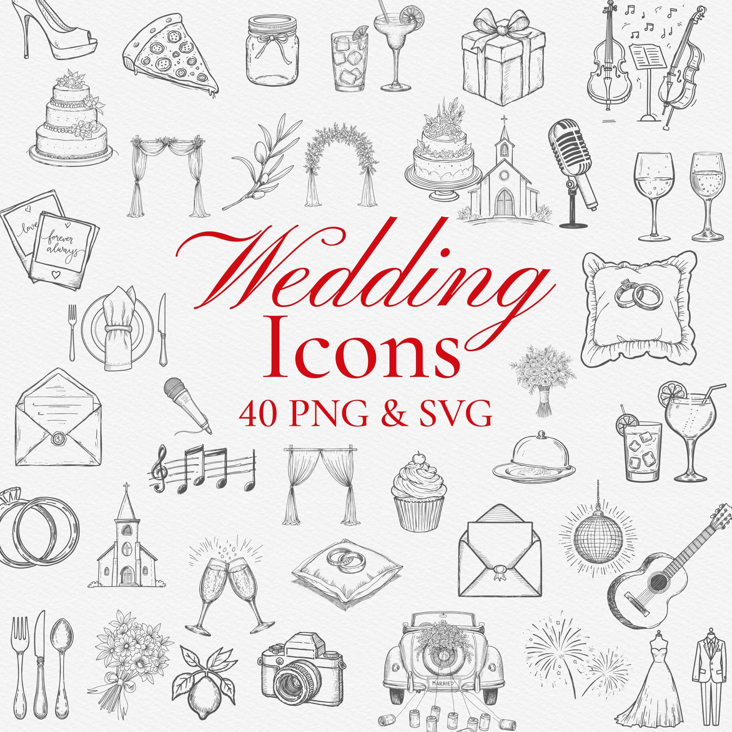 Lot de 40 icônes de mariage SVG PNG, cliparts dessinés à la main mariage ligne Art, icônes de papeterie de mariage pour Invitations Menus signes, téléchargement immédiat