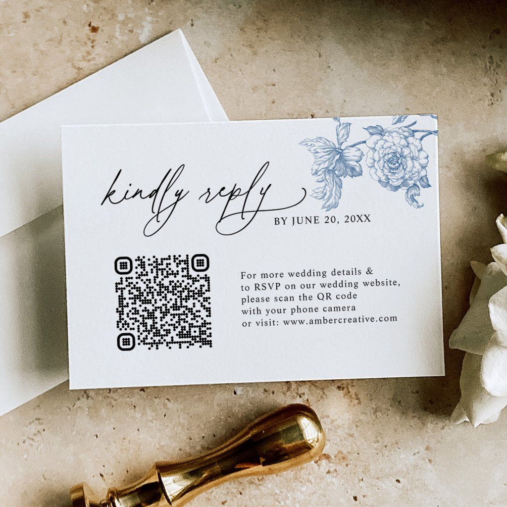 Minimalist Classic Blue QR code Wedding RSVP Cards | Zazzle