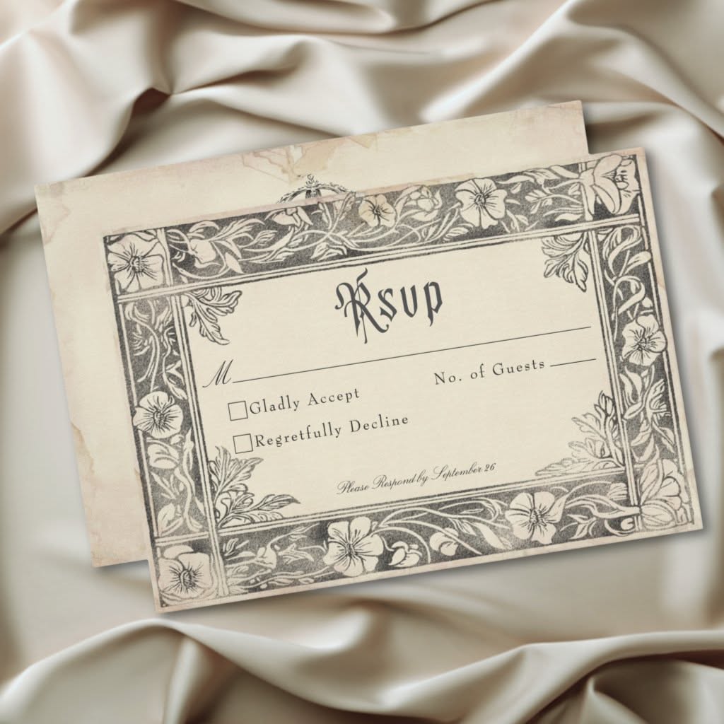Medieval Fantasy Vintage Black Etching Wedding RSVP Card | Zazzle