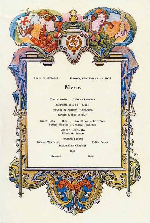 1914 Menu for the Cunard Liner the R.M.S.Lusitania