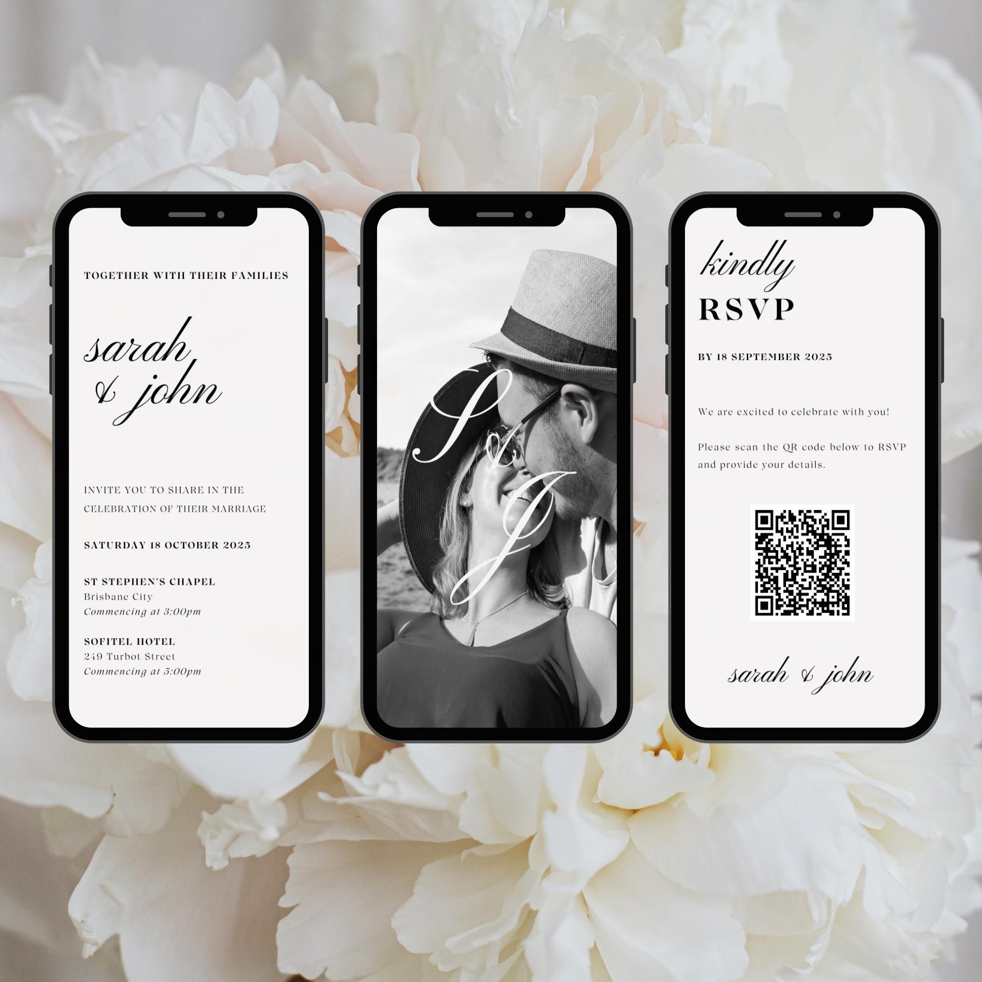 Faire-part de mariage animé élégant : vidéo numérique, RSVP QR (modèle canva)