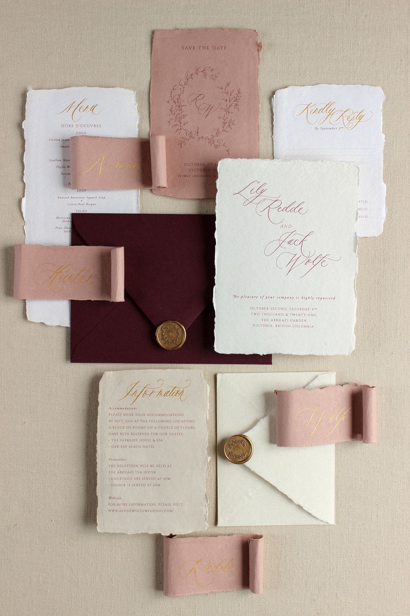 The AYLA View | Fine art wedding handmade invitations in burgundy and dusty rose with gold accents