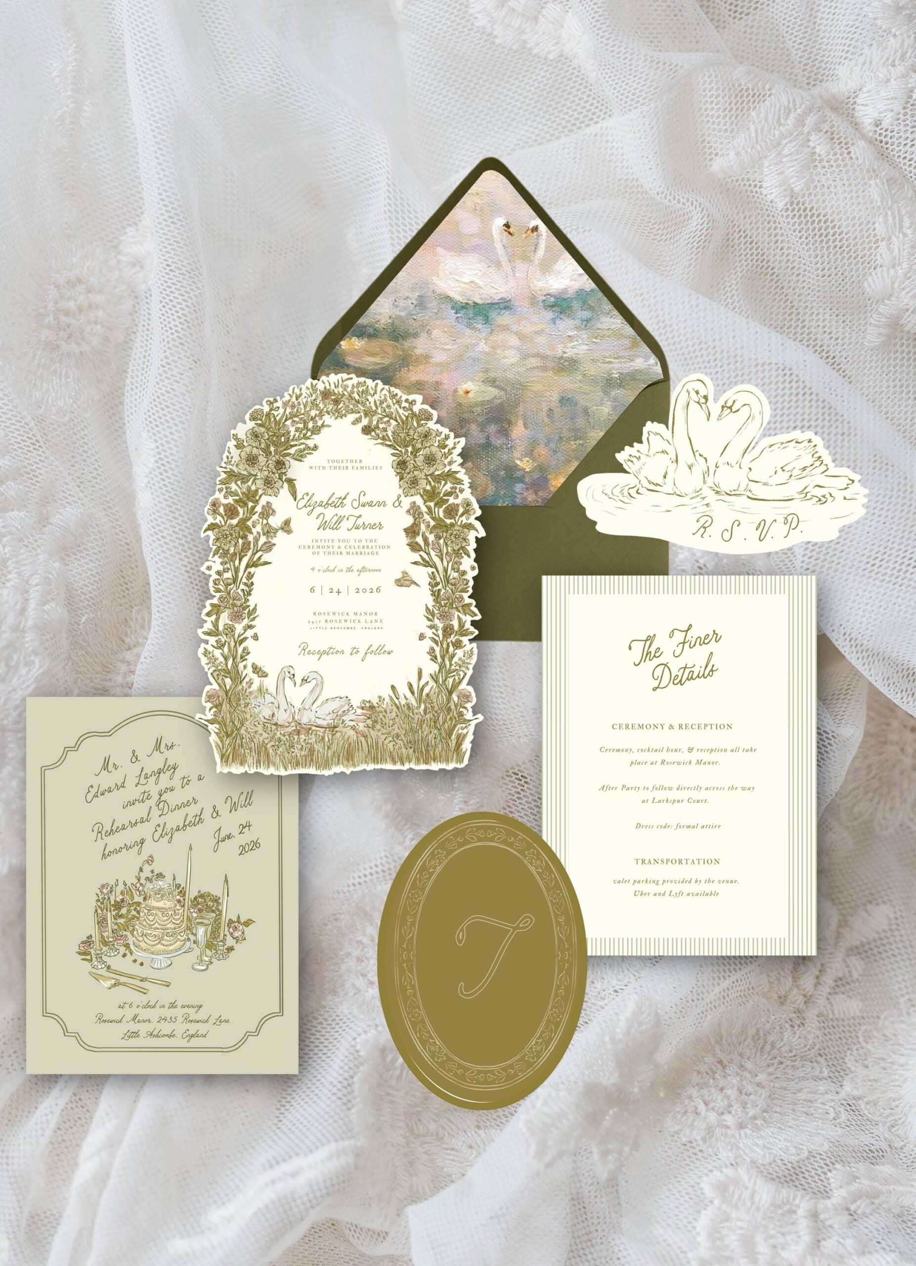 Suite de mariage héritage anglais | Faire-part de mariage anglais classique cygne | Suite de mariage européenne Jardin intemporelle | Modèle de toile modifiable