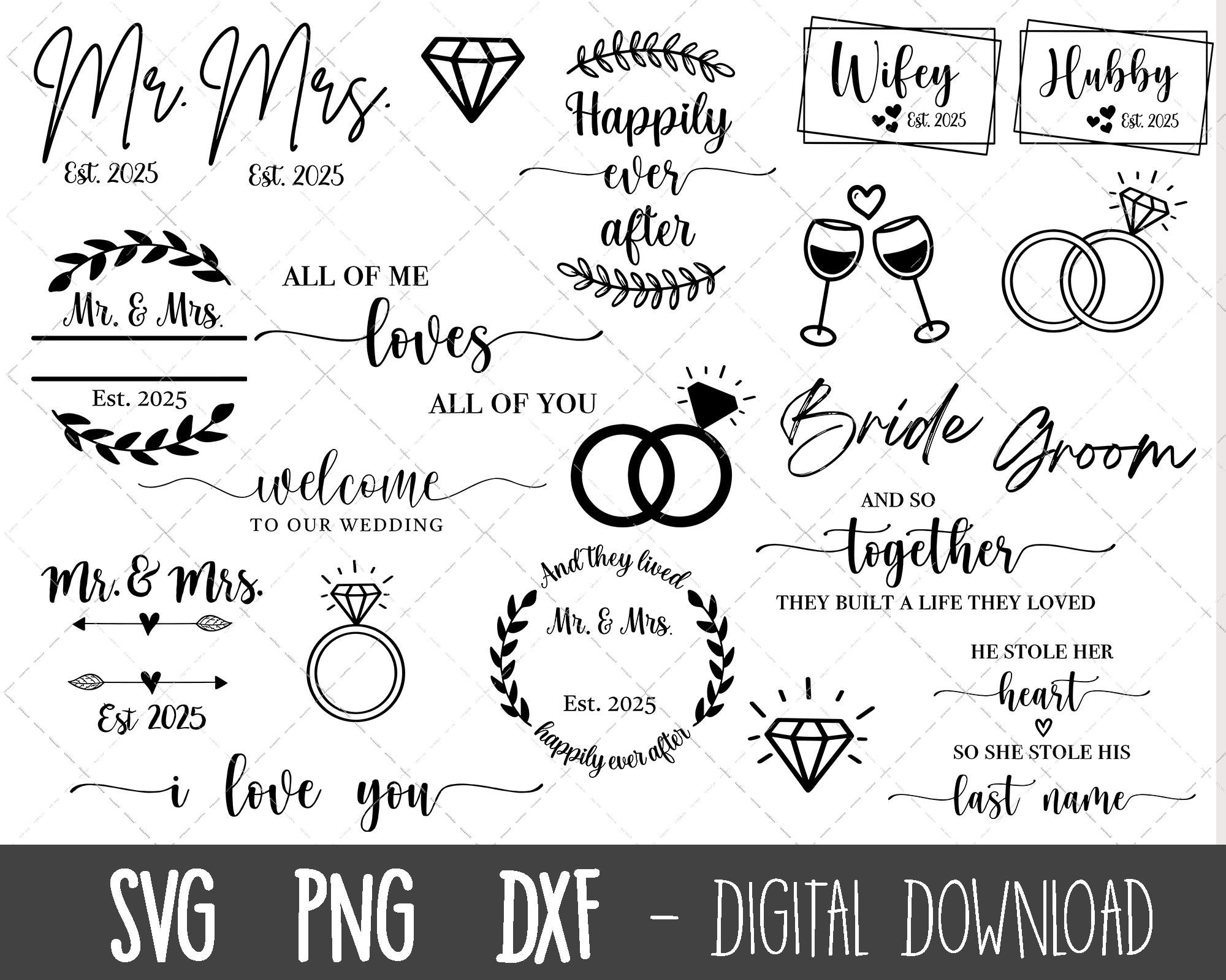 Lot mariage SVG, M. et Mme svg, clipart svg mariage 2025, svg femme mari, svg marié marié, monogramme divisé, fichier de coupe cricut silhouette