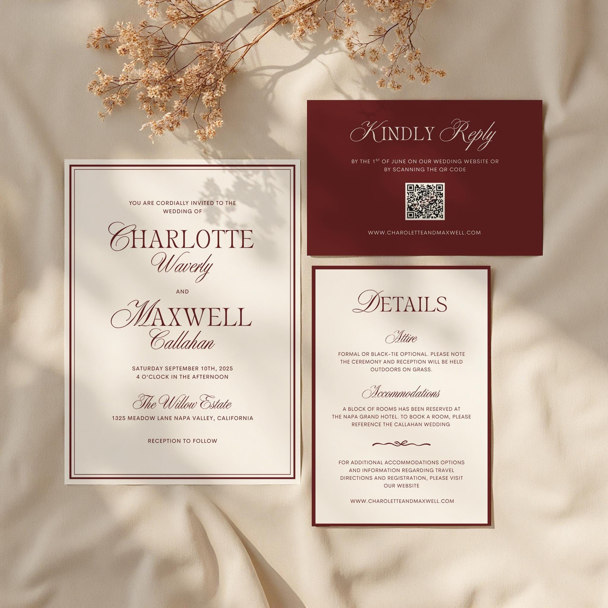 Suite de faire-part de mariage Bordeaux Old Money, modèle numérique sur toile, téléchargement immédiat