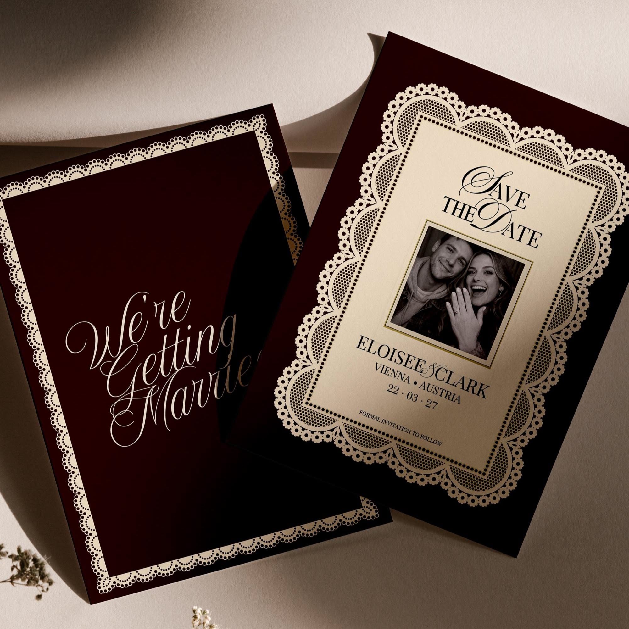 Modèle « Save the Date » vieil argent, réservez cette date pour mariage en dentelle vintage, réservez cette date pour photo de luxe, faire-part de mariage sur toile éditable