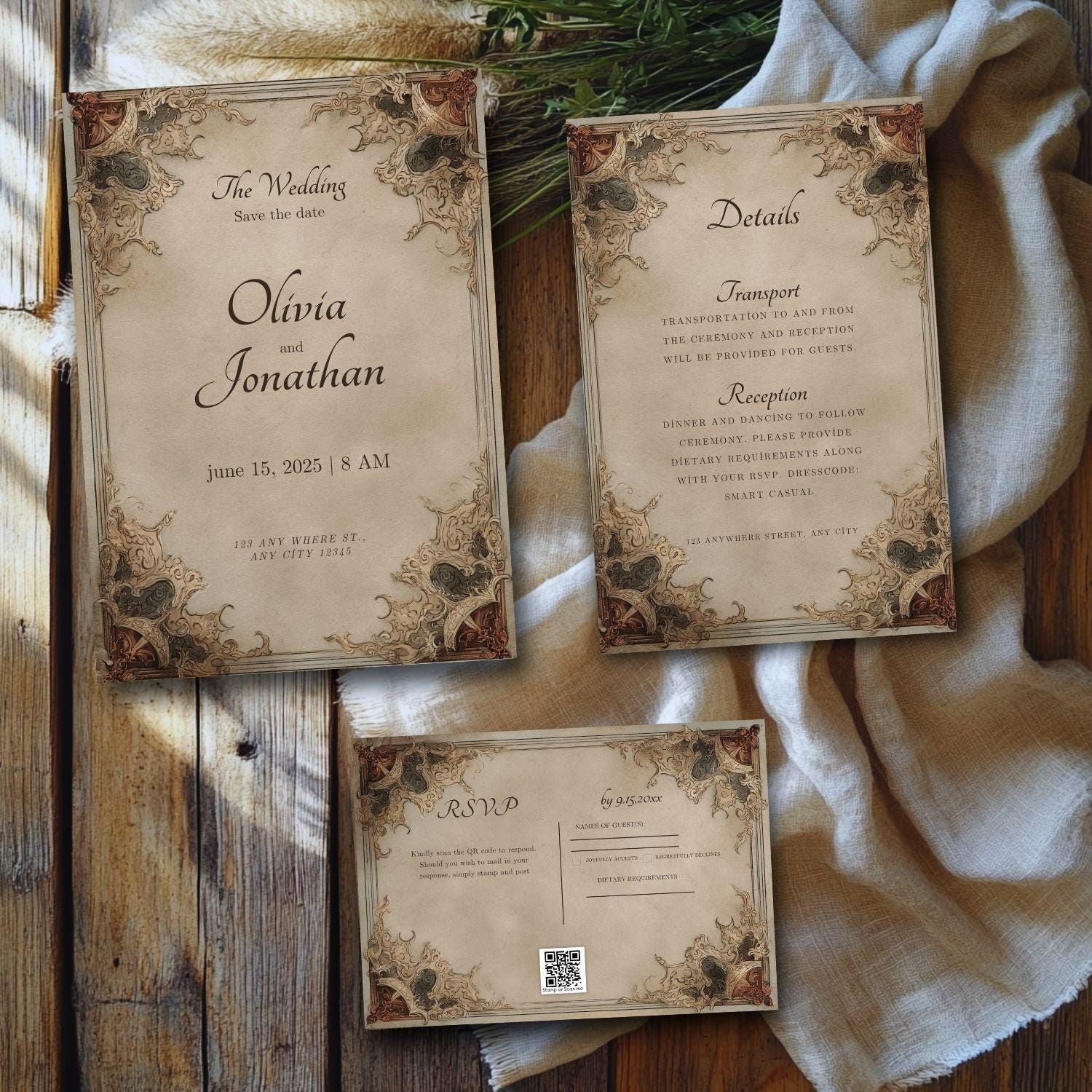 Ornate Vintage Digital Wedding Invite, Baroque Style Wedding, Instant Download, Printable Invite, Customizable Digital Wedding Invite -A066