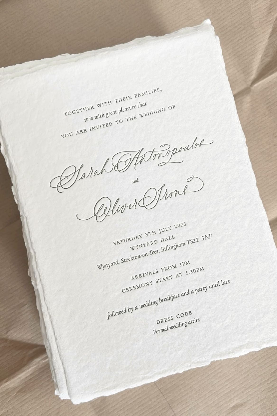 Handmade Paper Invitations, Modern Calligraphy Wedding, Flourished Invites, Deckled Edge Paper