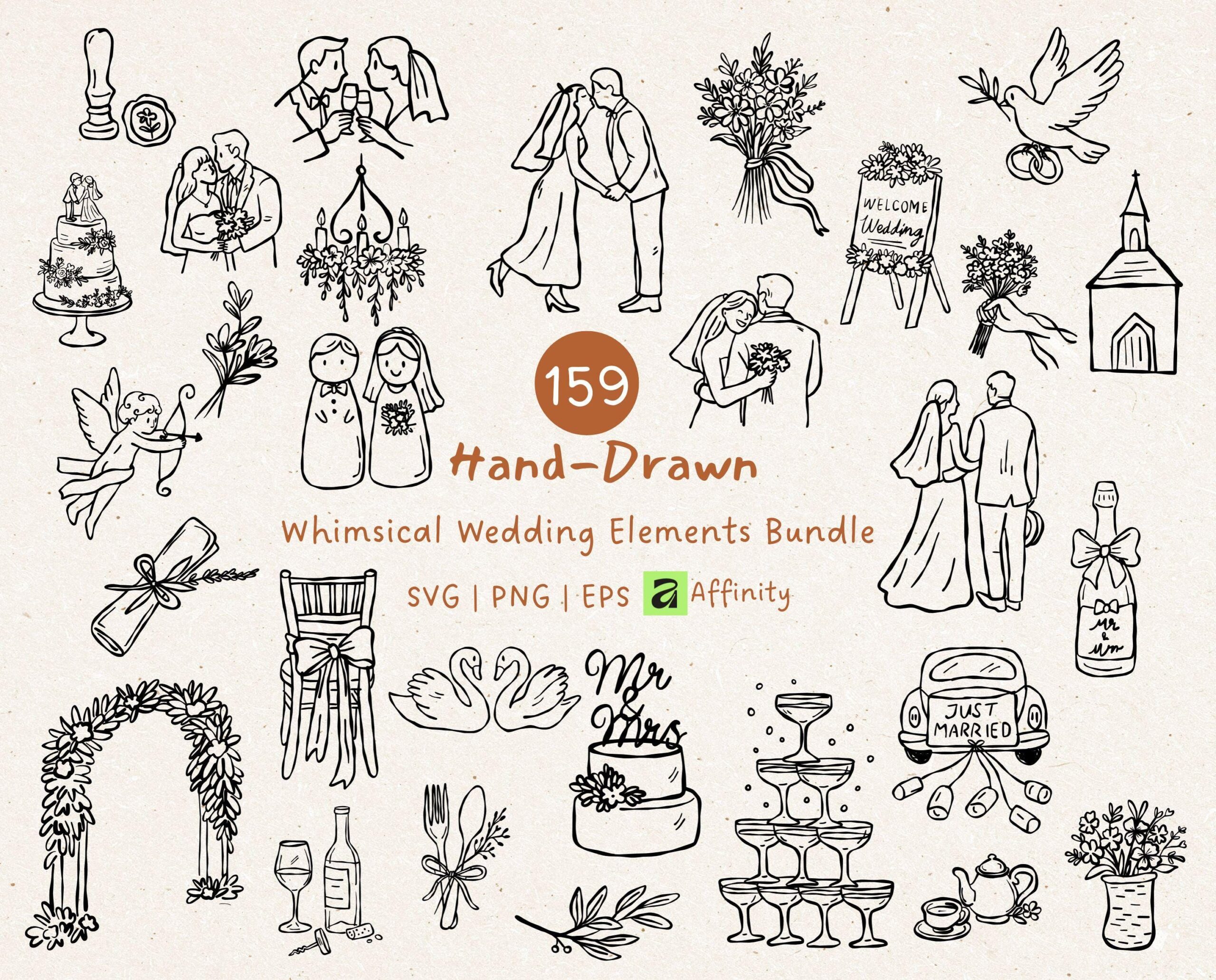 Bundle d’éléments de mariage fantaisiste SVG, clipart mariée dessinés à la main, Invitation d’icônes de mariage dessin au trait