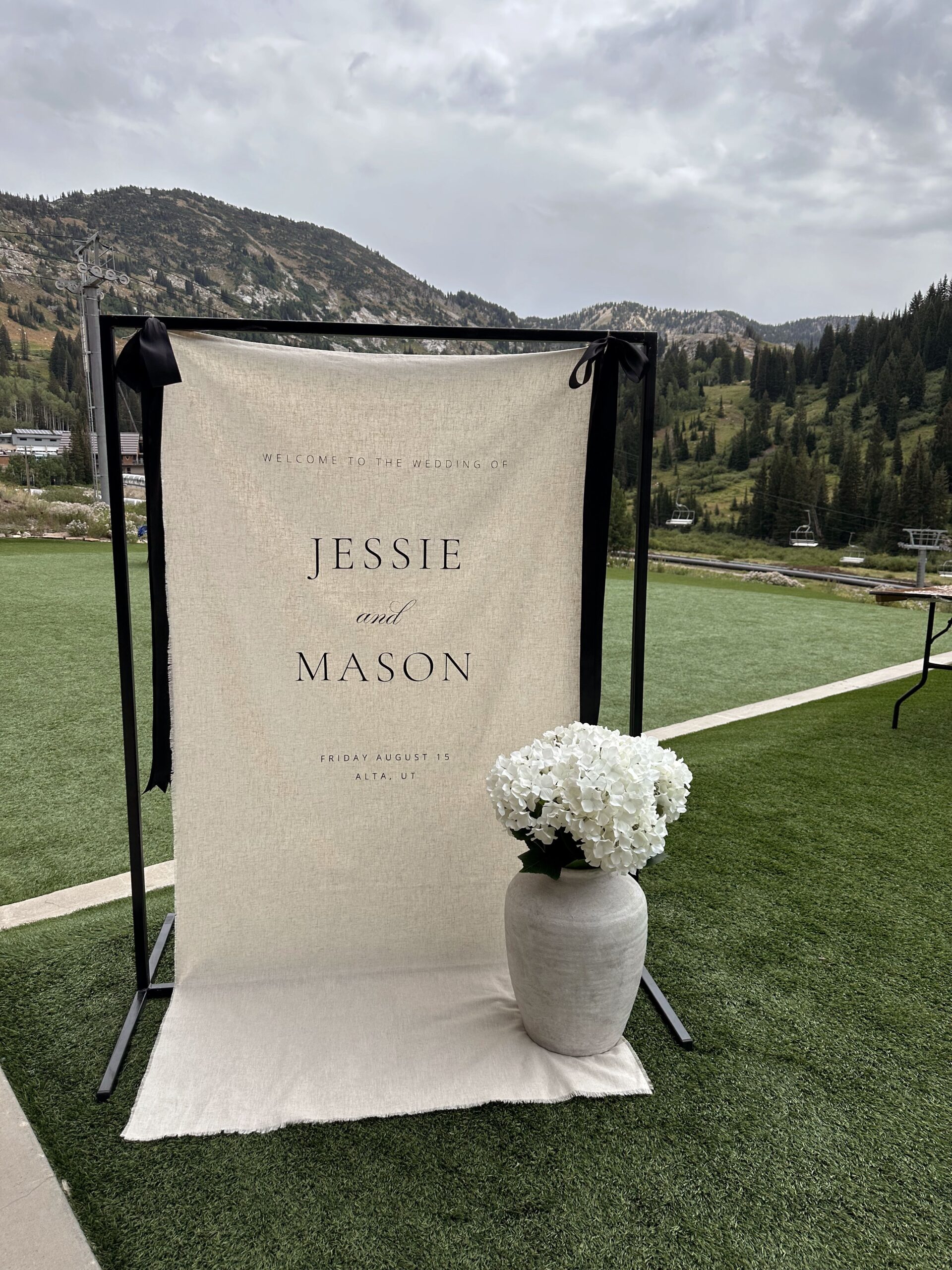Linen Welcome Sign With Black Ribbon Mountain Wedding