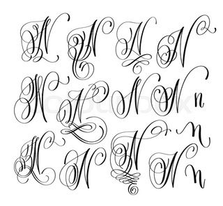 Calligraphy lettering script font N set, hand written signature letter design, vector illustration