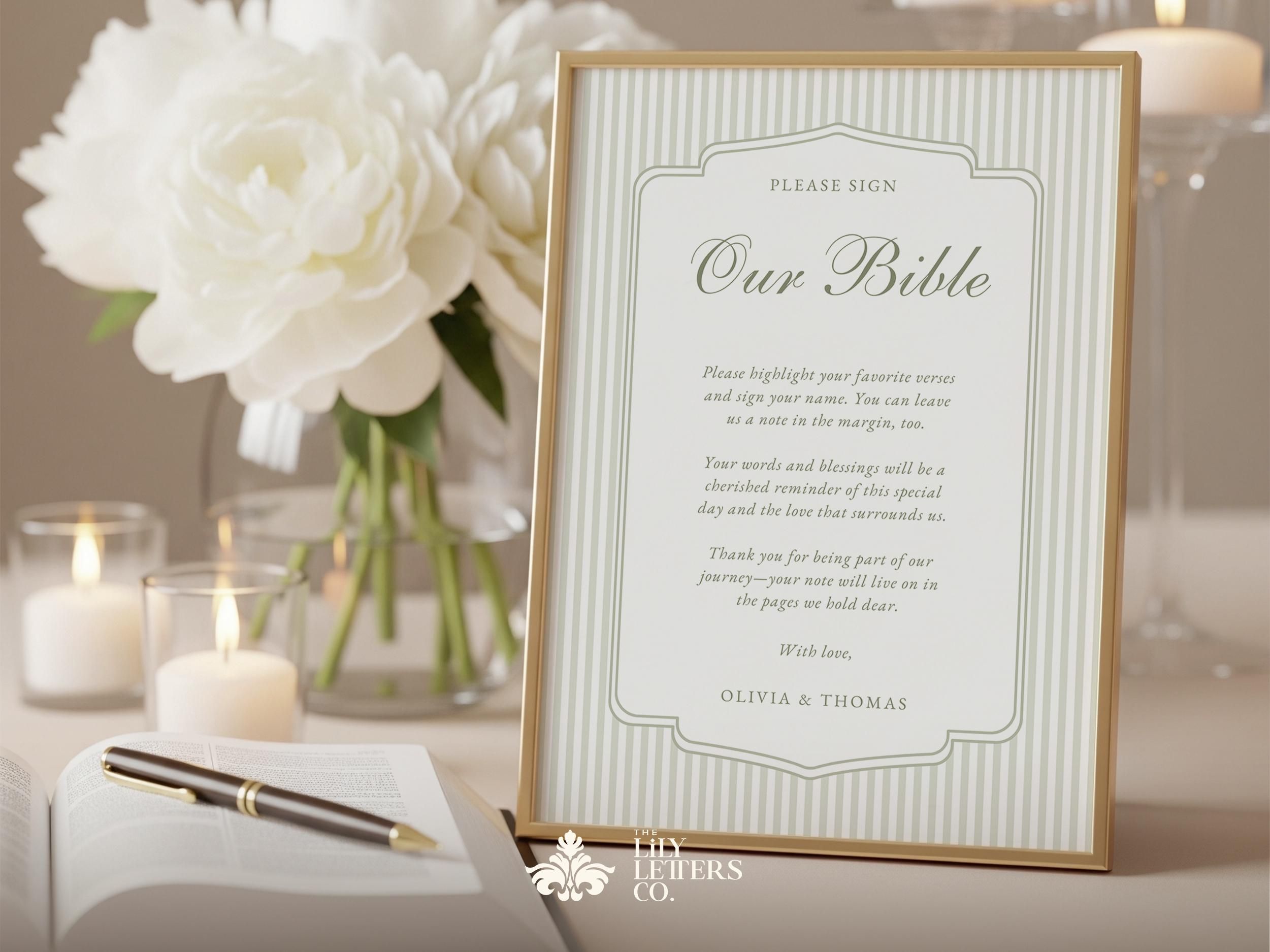 Signez notre modèle de Bible, signe de livre d’or de mariage vert sauge, livre d’or de la Bible imprimable, toile éditable en surbrillance verset de la Bible — jardin secret