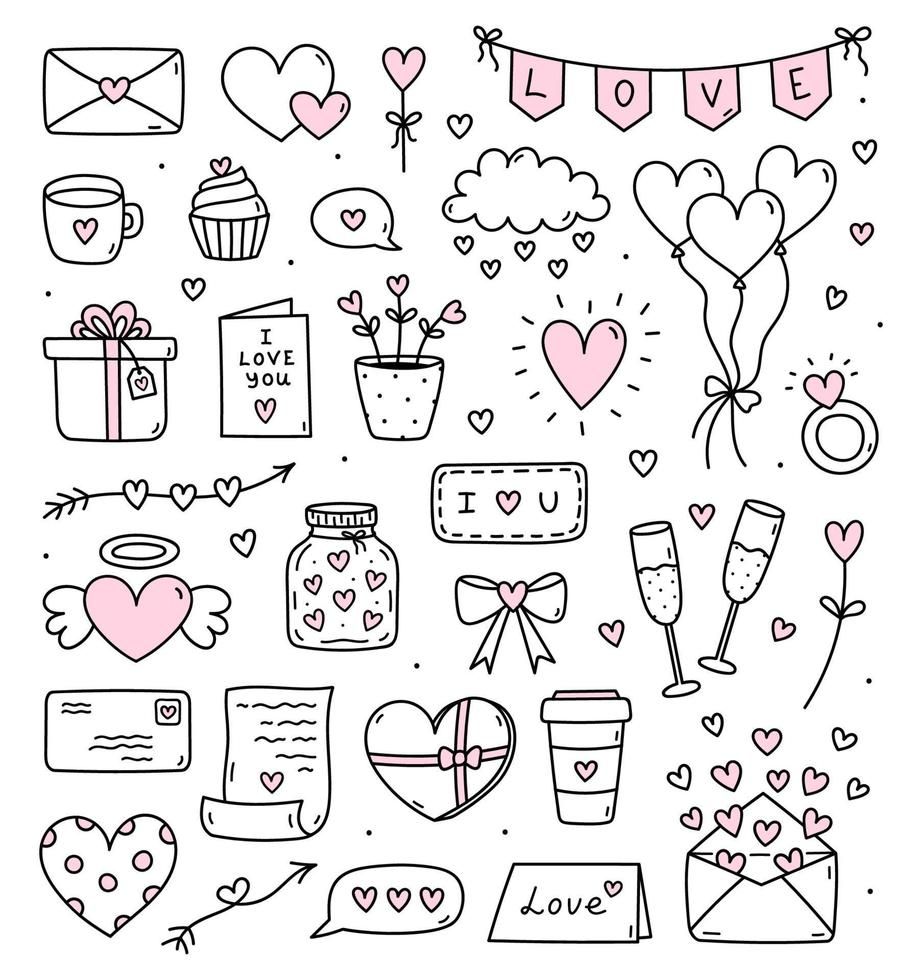 Cute set of doodles for Valentine’s Day — love letters and cards, hearts, balloons, gifts, champagne, bunting and others. Vector hand-drawn illustration. Perfect for holiday designs, stickers, decor.