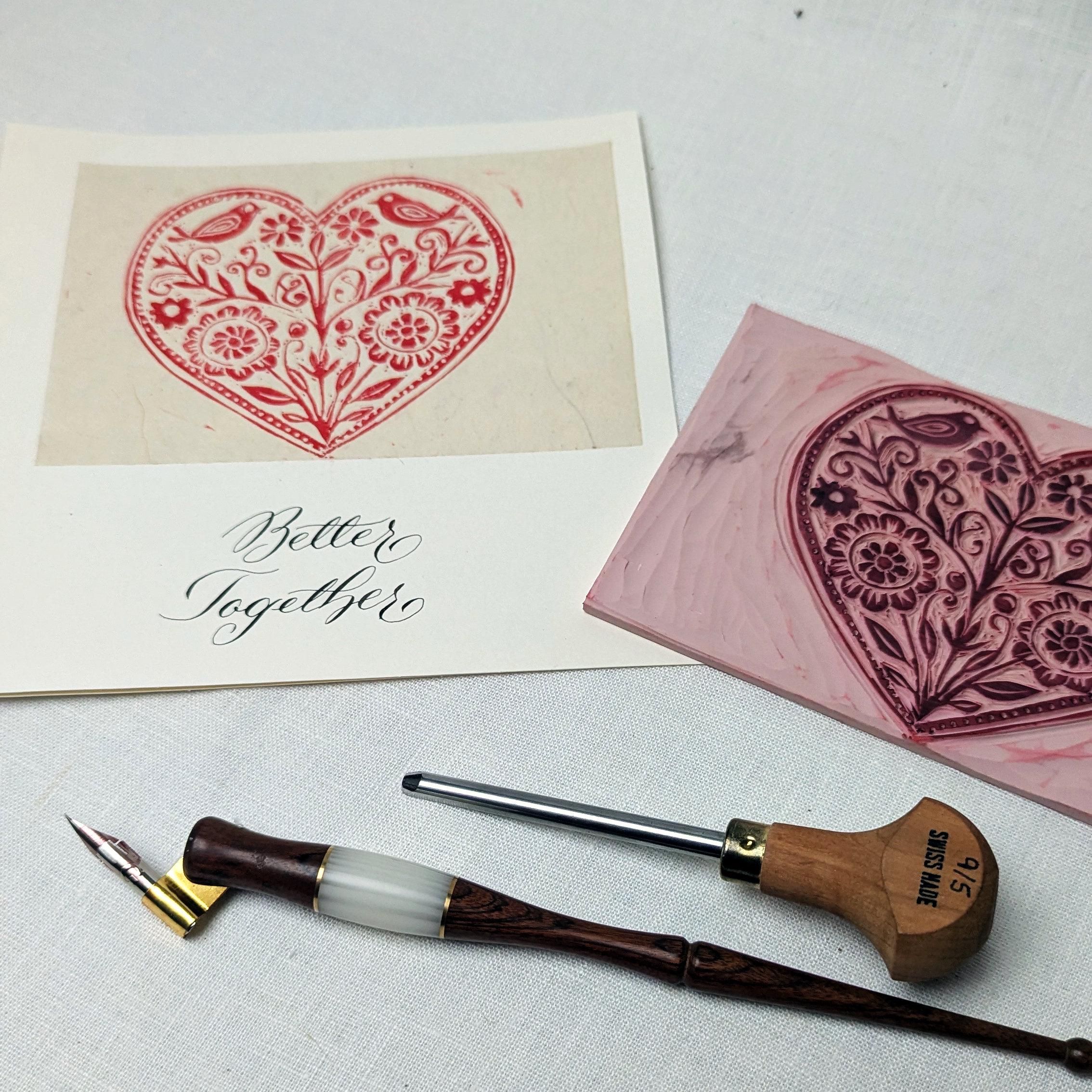 Carte-cadeau personnalisable pour la Saint-Valentin, impression lino originale, calligraphie au stylo trempette « mieux ensemble »