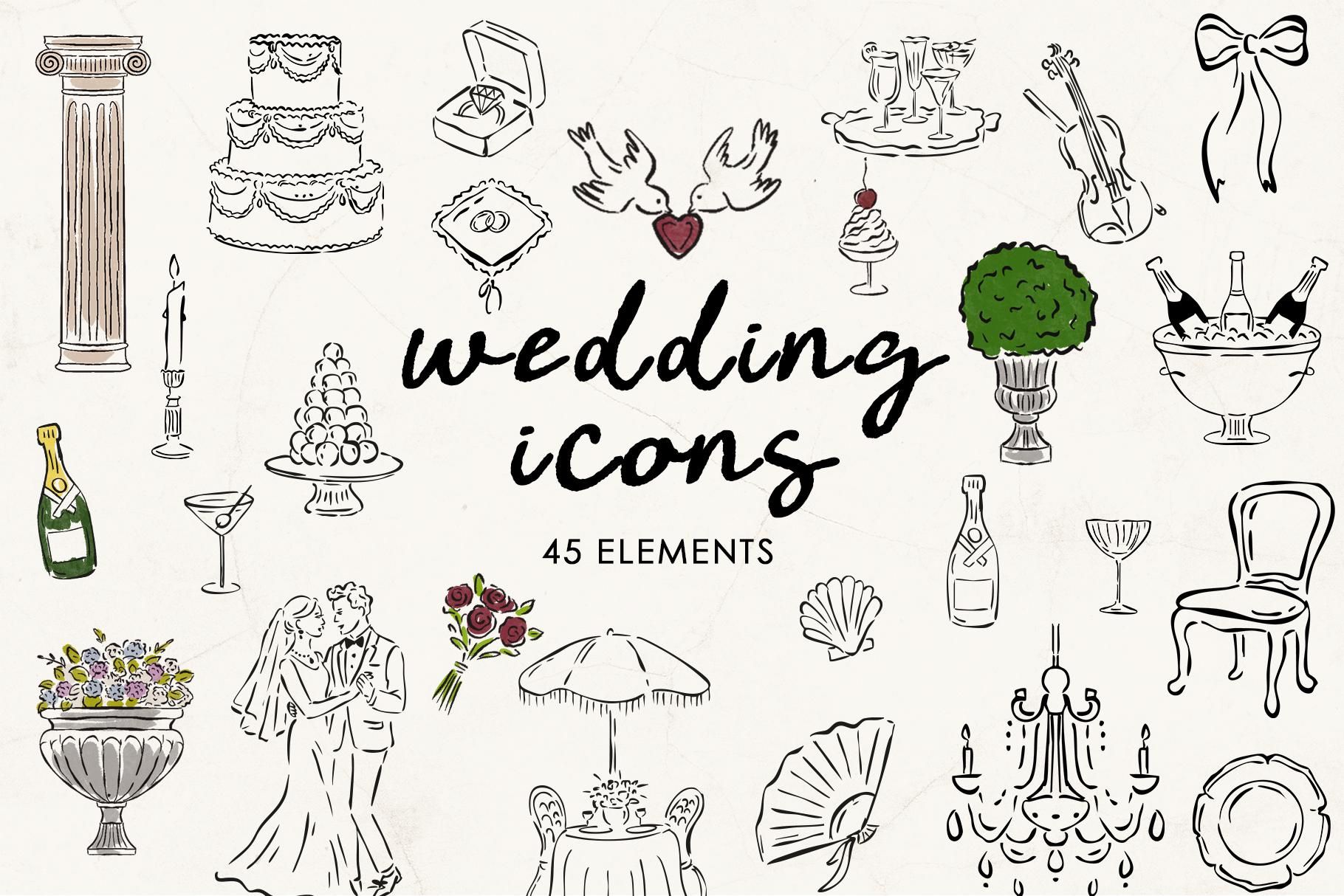 Illustrations d’icônes de mariage dessinées à la main, clipart de griffonnages de mariage, faire-part de papeterie de mariage, icônes Save the Date, clipart de dessin d’hôtel