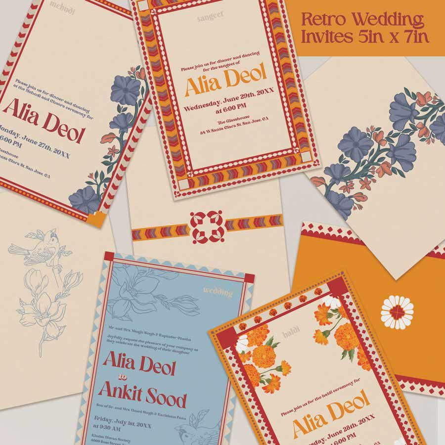 Ensemble de faire-part de mariage rétro, faire-part de mariage indien avec plusieurs motifs, carte de mariage avec papeterie numérique pour Mehndi Haldi Sangeet