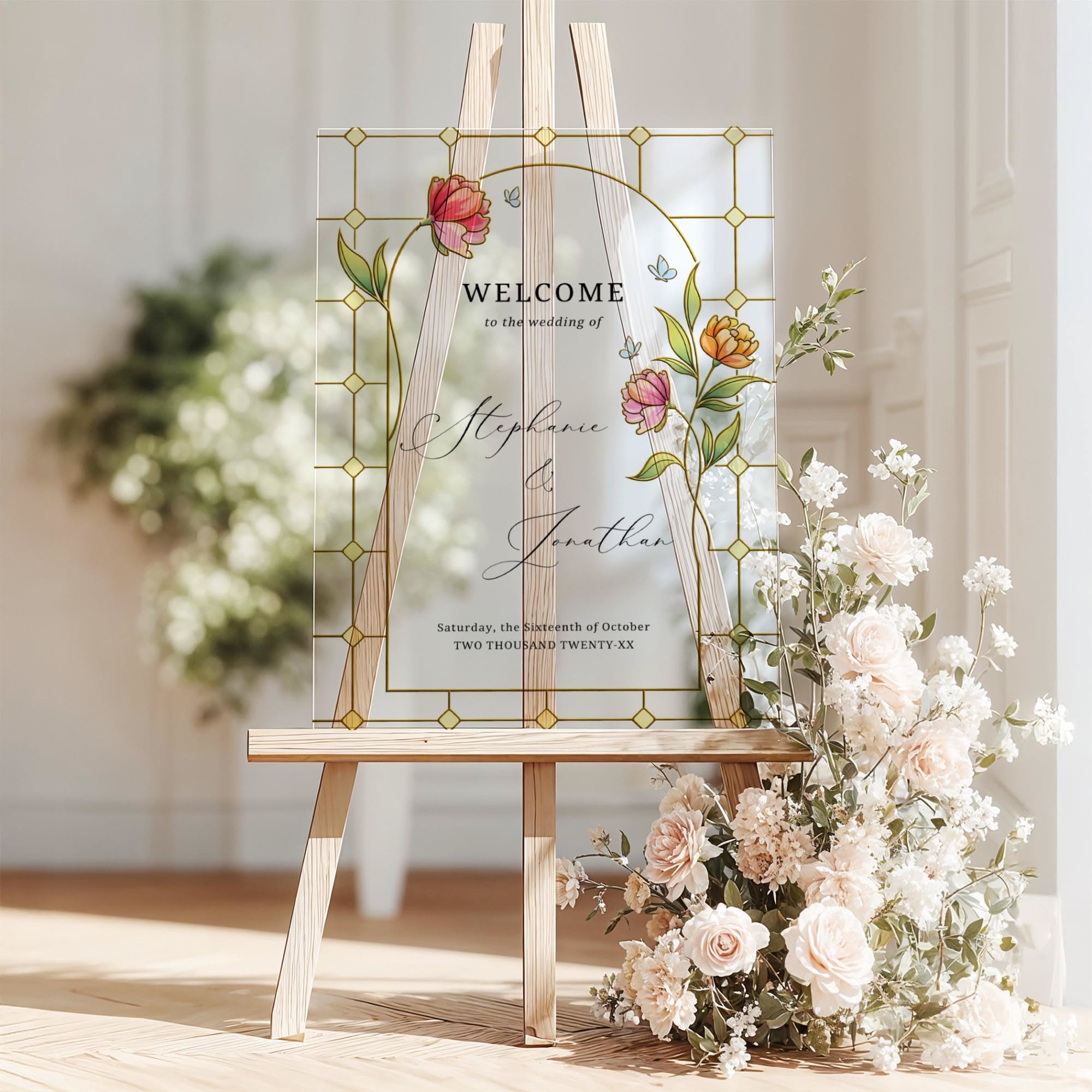 Modèle de plaque de mariage en vitrail imitation, motif arche florale, plaque de bienvenue personnalisable sur toile, signalétique de mariage bricolage, téléchargement immédiat — EP100