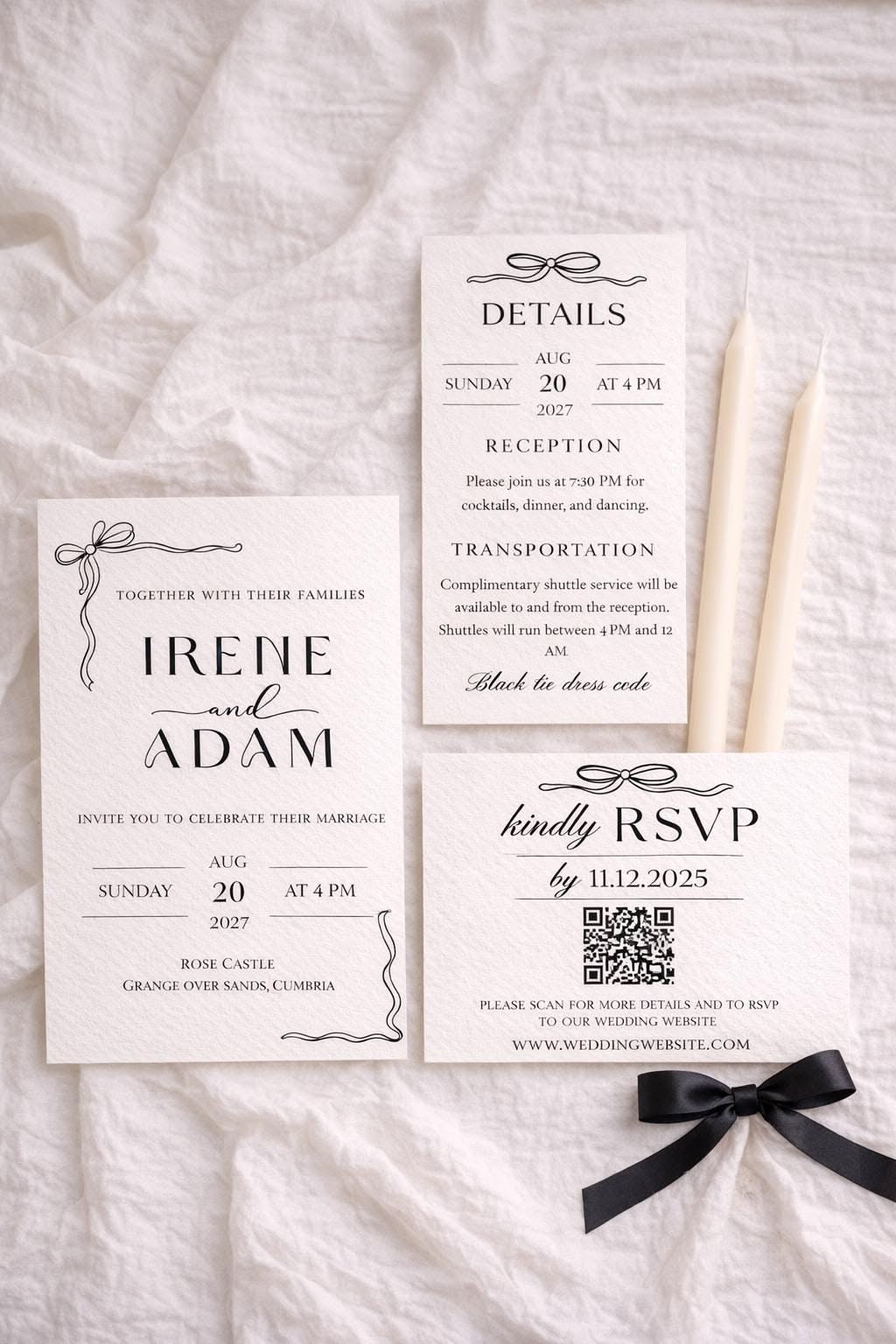 Ensemble de faire-part de mariage minimaliste, nœud noir, RSVP code QR, modèle Canva