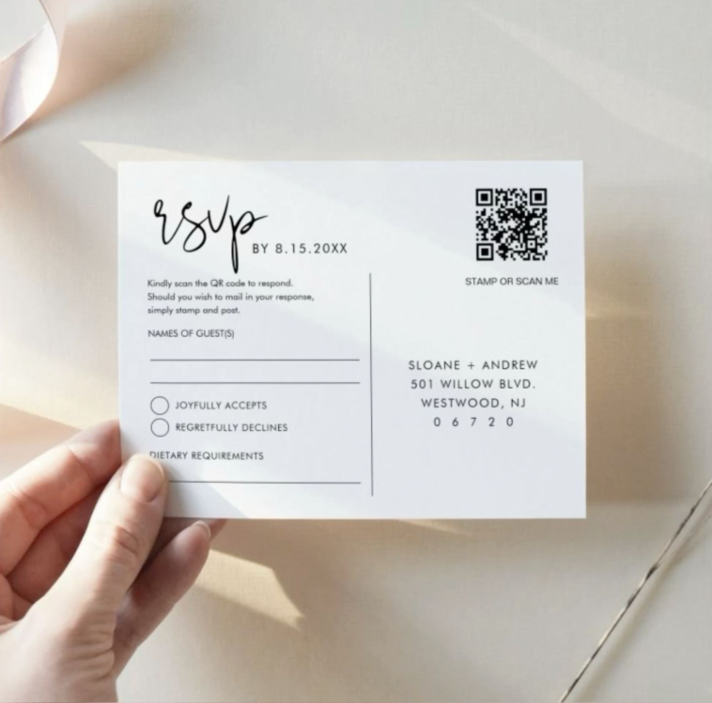 Wedding RSVP QR Code Budget Postcard | White Simple RSVP Wedding Response Card