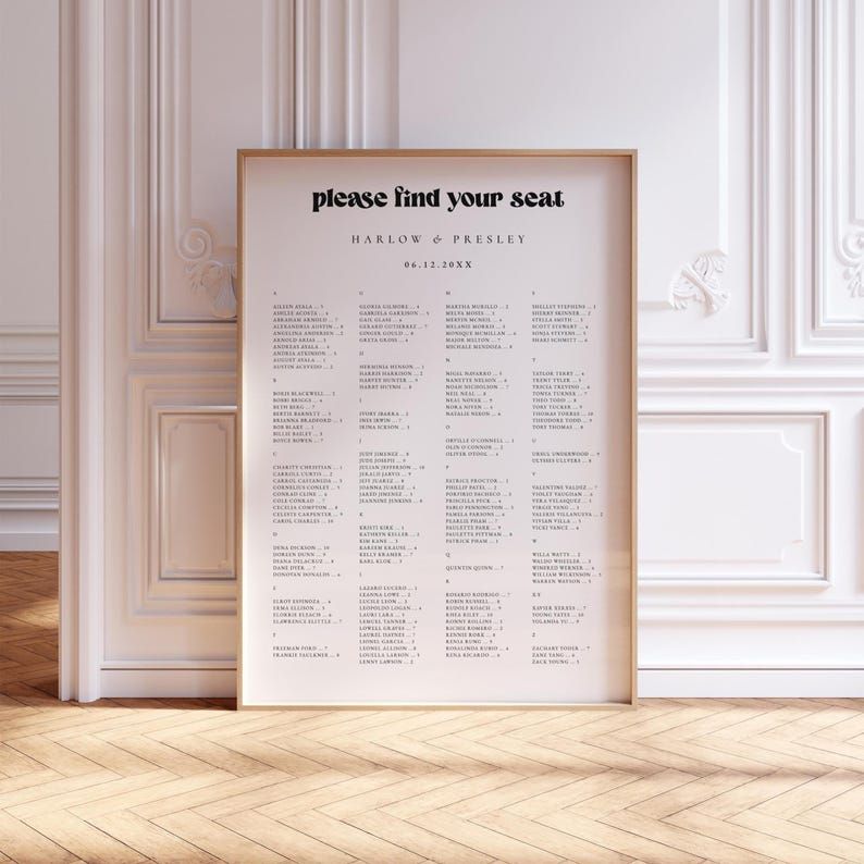 Alphabetical Seating Chart Template, Wedding Seating Plan, Retro Editable Printable — Selby — Etsy