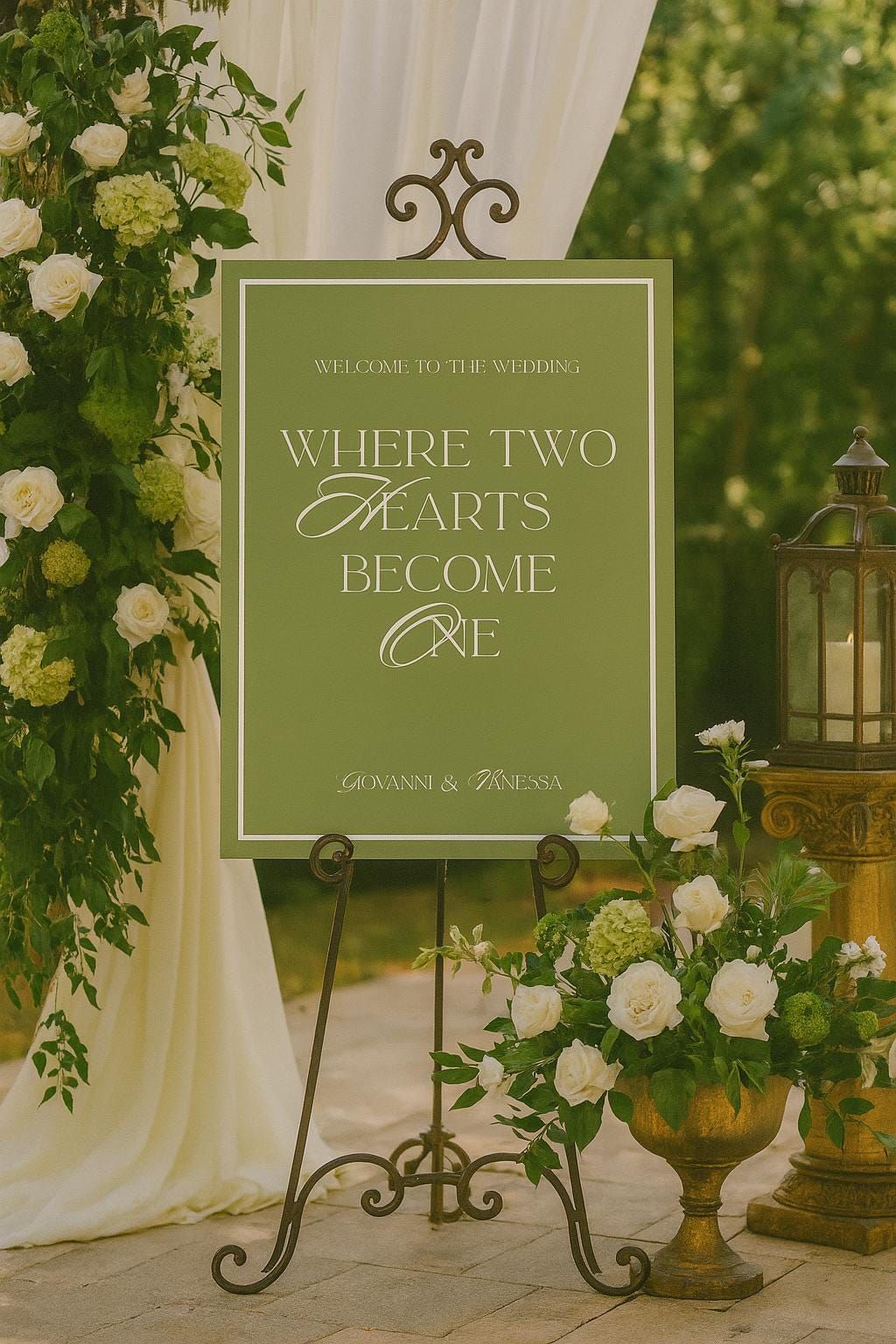 Élégante plaque de bienvenue pour mariage : vert olive, design vintage (modèle numérique, Canva Edit