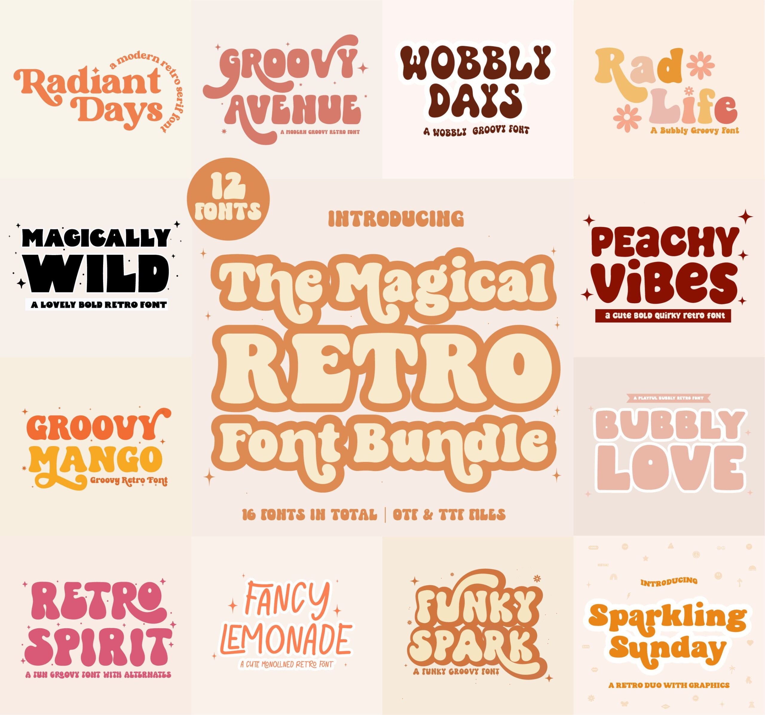 Lot de polices Groovy rétro, polices Cricut, lot de polices pour Cricut, polices Farmhouse, polices rétro, polices Groovy