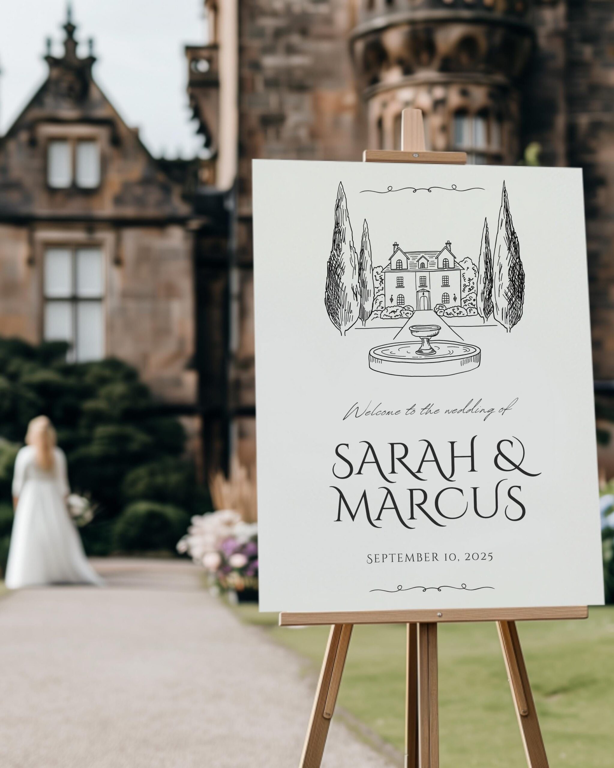 Modèle élégant de plaque de bienvenue | Illustration du manoir | Panneau en toile modifiable | Téléchargement numérique | Signalétique de cérémonie moderne