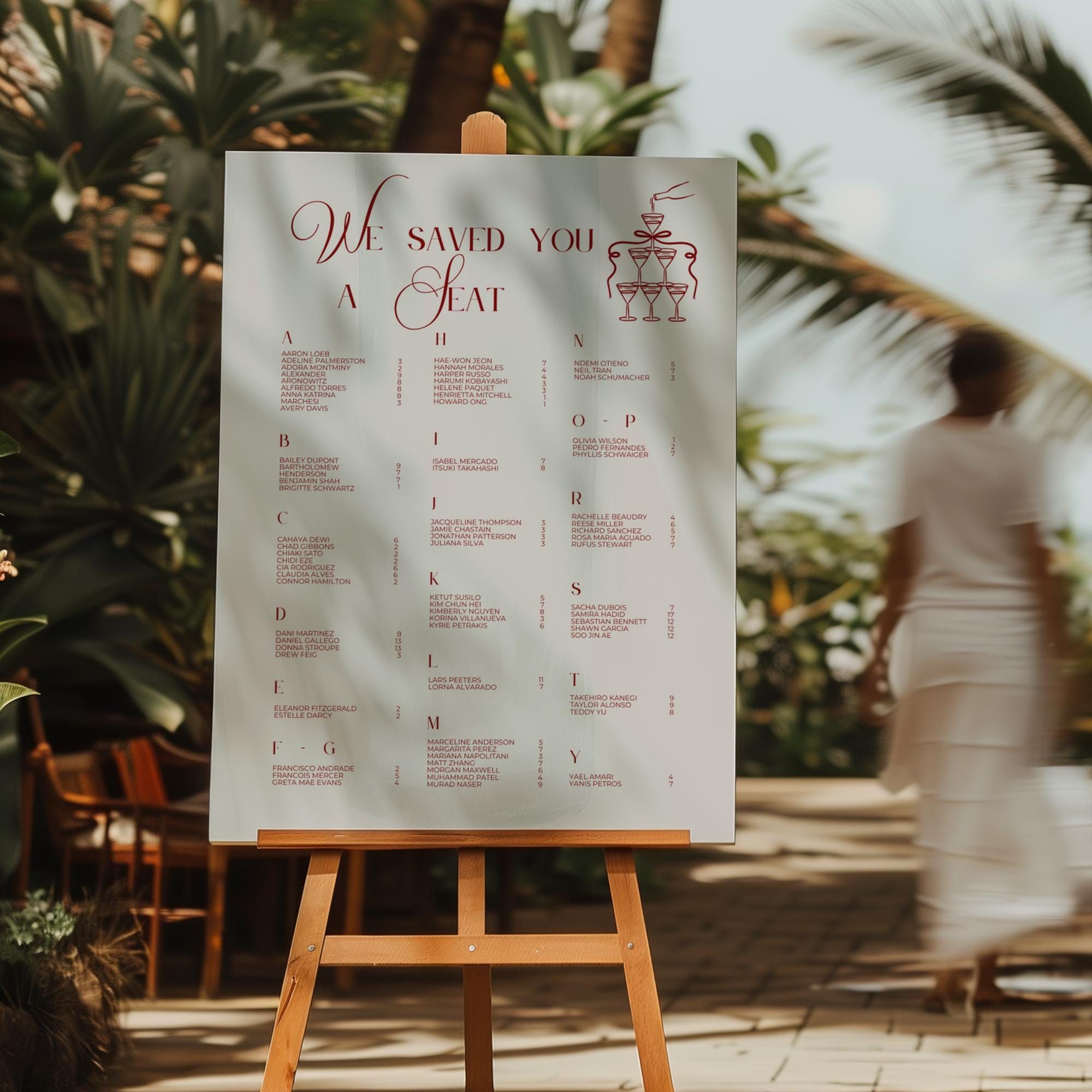 Modèle de plan de table par ordre alphabétique, panneau de table de mariage imprimable, crème et rouge panneau Trouvez votre siège, élégant tableau modifiable sur toile — WD109
