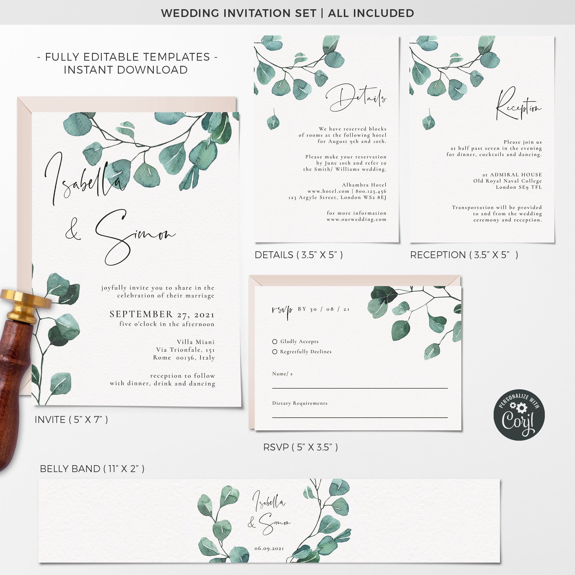 Luisa | Eucalyptus Wedding Invitation Set Editable