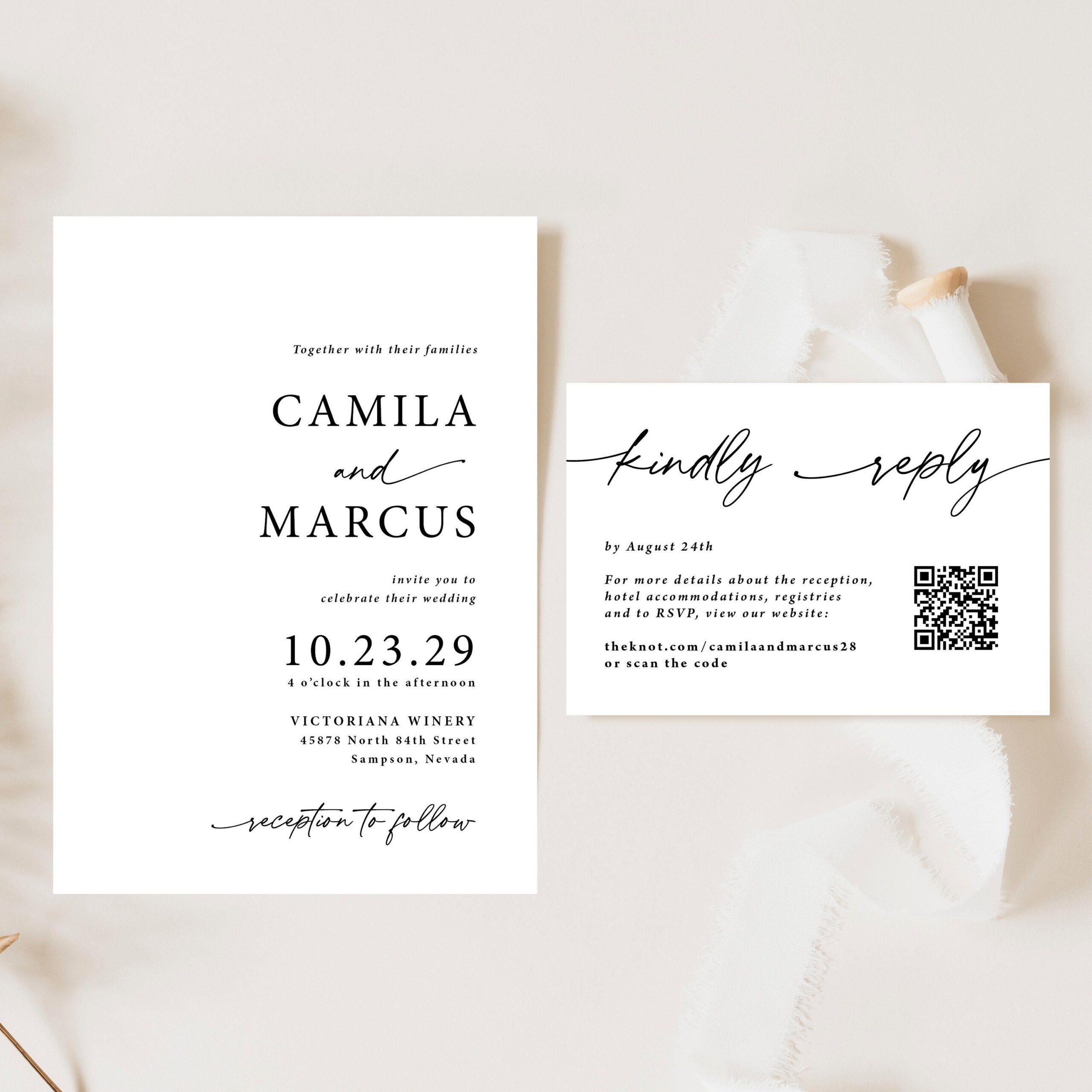 Simple Wedding Invite with QR code Printed, black and white, wedding invitation suite, RSVP card, wedding details card, minimalist, W212