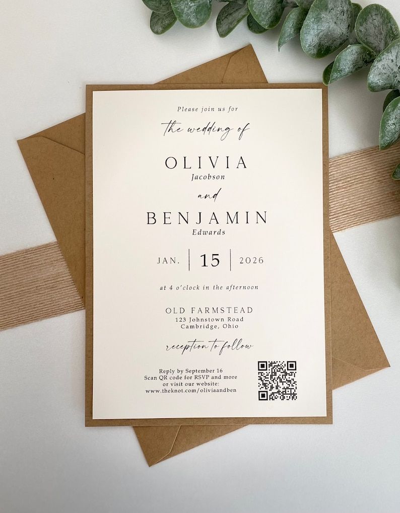 QR Code — Printed Rustic Wedding Invitation With Twine, Ivory With Kraft Matting Wedding Invite, …