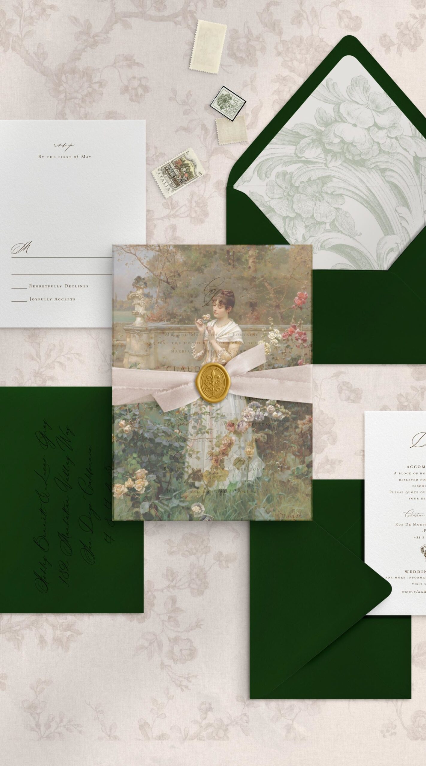 Superposition de vélin imprimable Rosalie pour carte d’invitation de mariage, vélin d’art, papeterie de mariage français vintage, veste en vélin