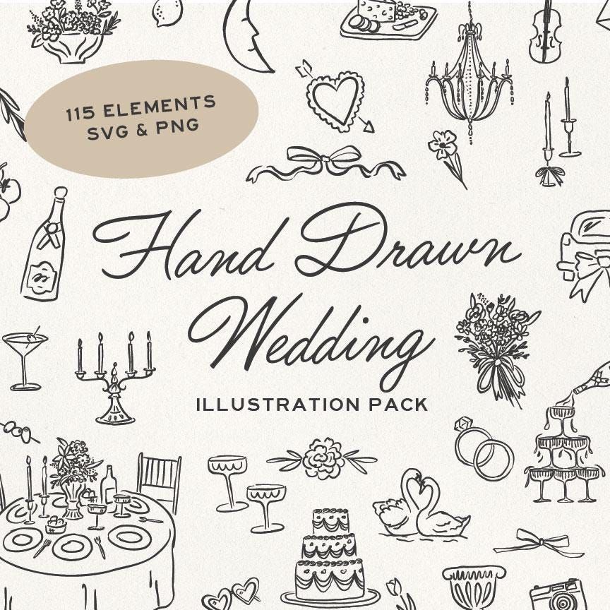 Icônes de mariage dessinées à la main : ensemble d’illustrations élégantes (SVG et PNG)