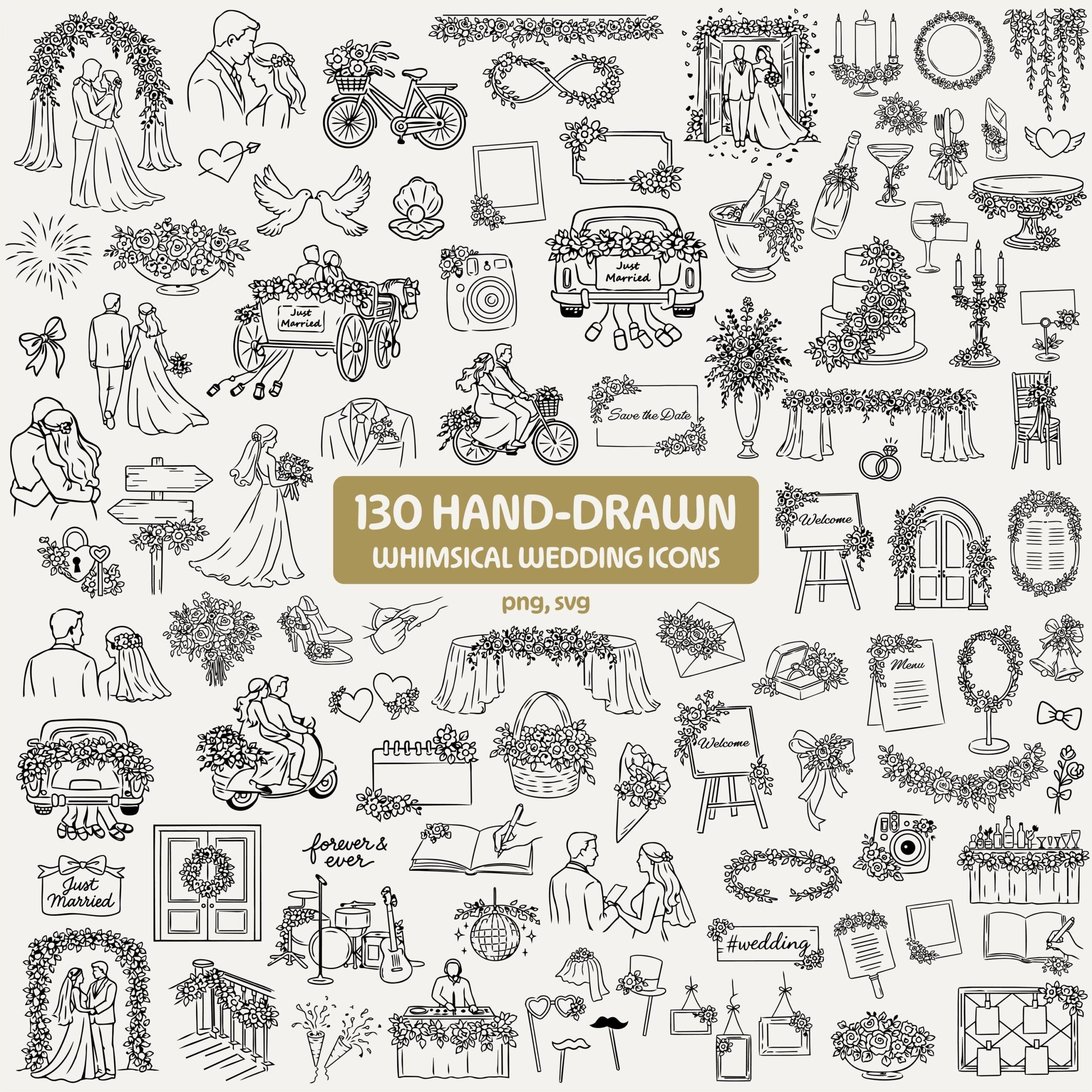 Lot de cliparts de mariage floral fantaisiste | Doodles PNG SVG dessinés à la main pour faire-part, réservez votre date et douche nuptiale