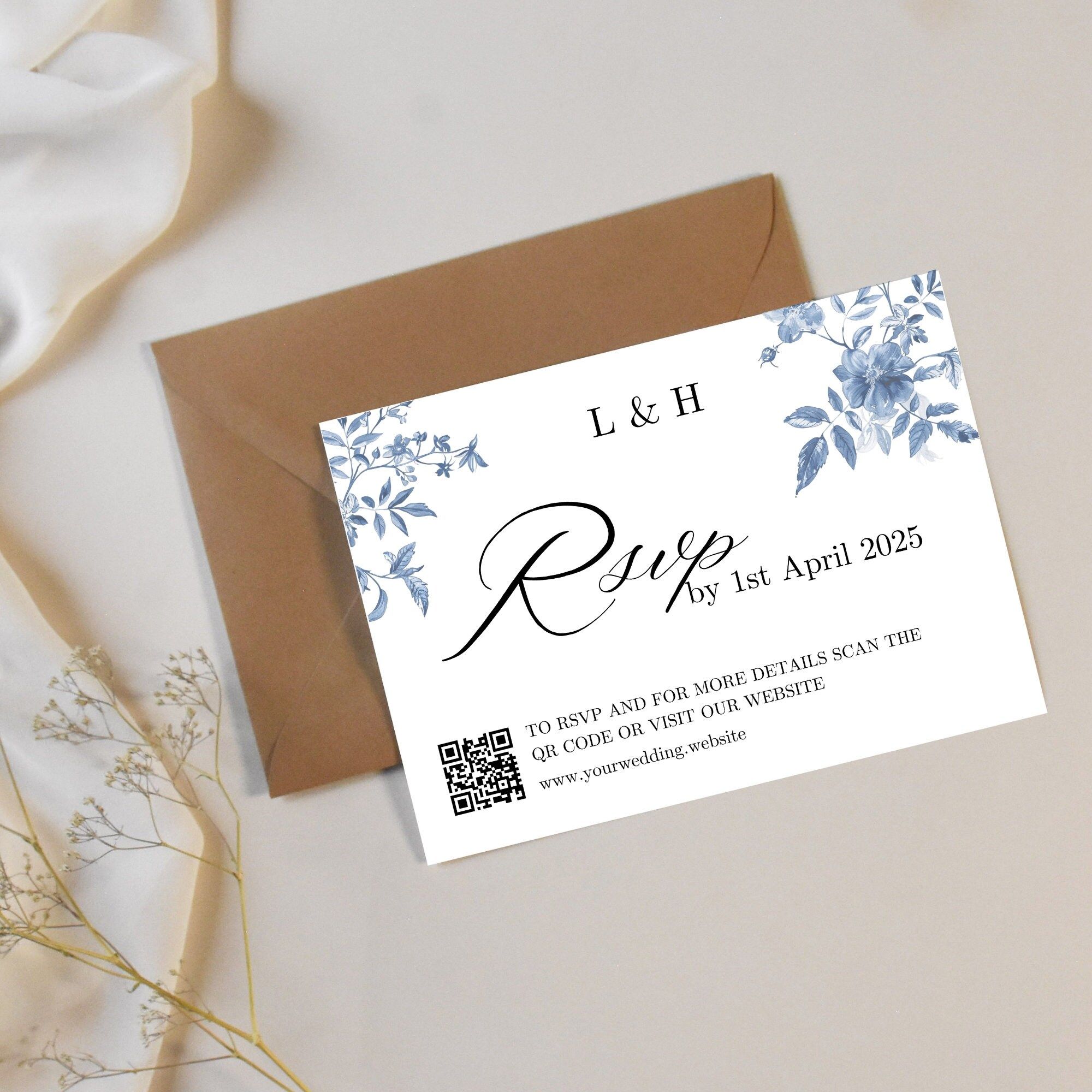 Modèle RSVP de mariage en toile bleue avec code QR (téléchargement numérique)