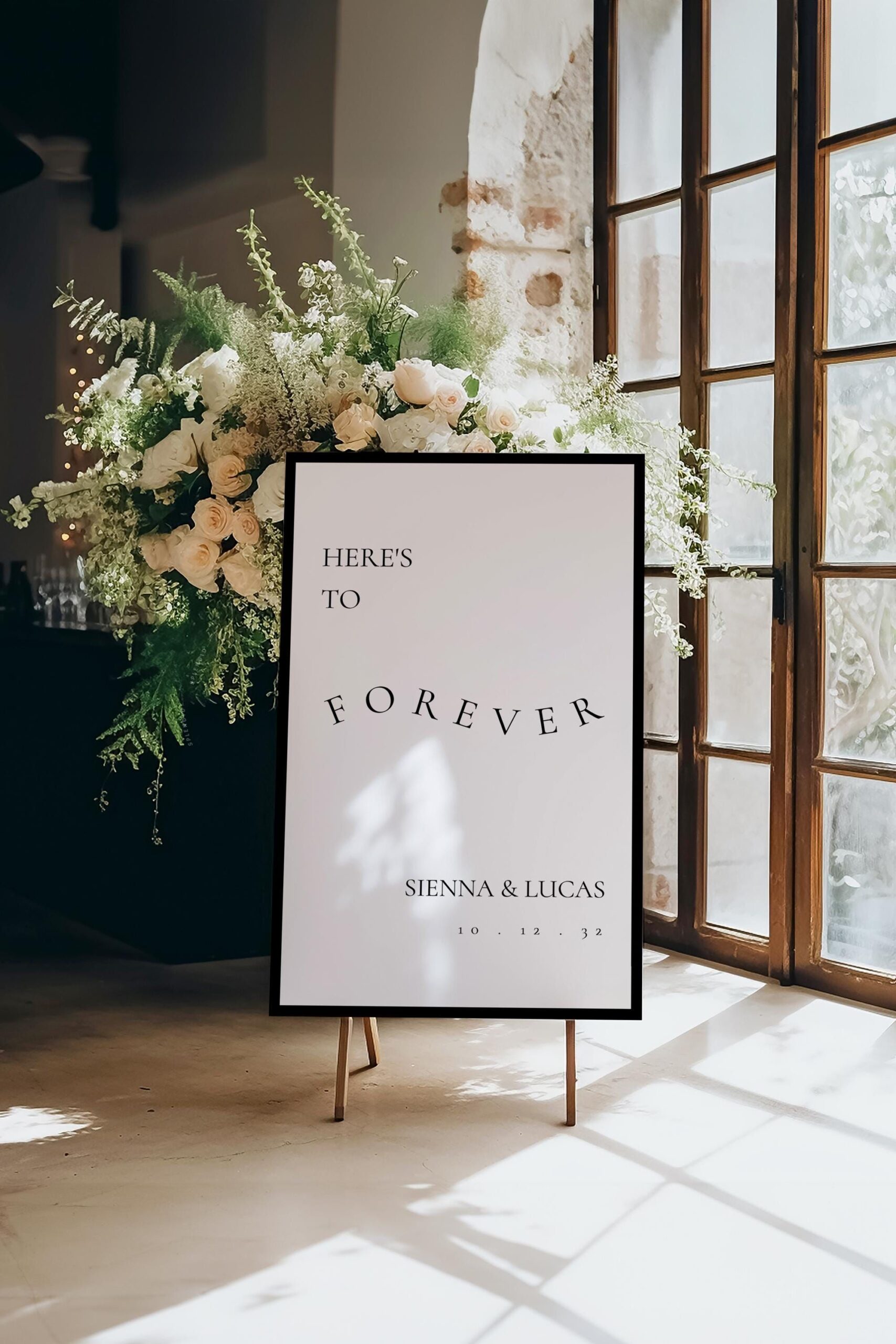 Plaque de bienvenue pour mariage, Here’s to Forever, plaque de réception pour répétition, dîner, cérémonie — Terre de Sienne