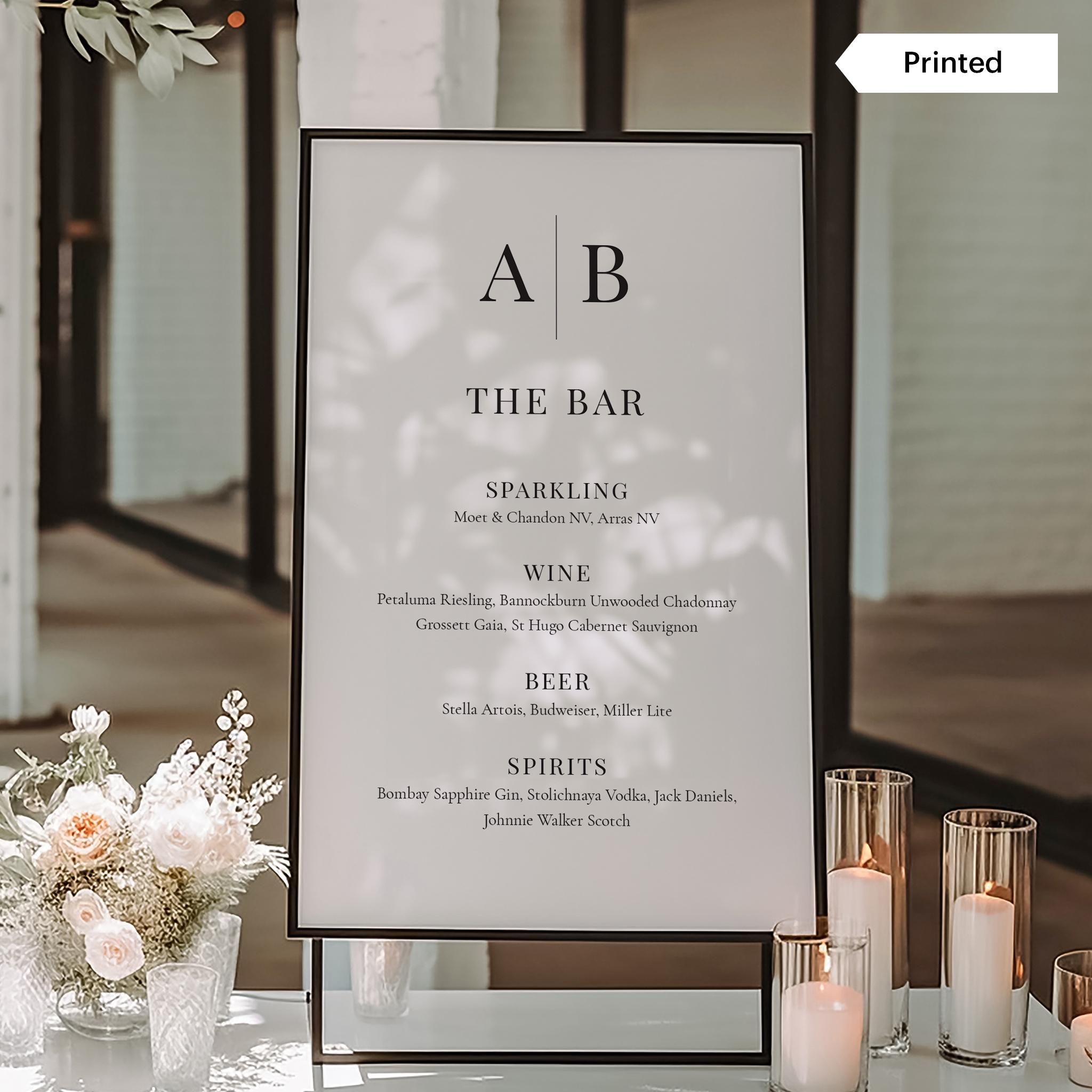 MODERN INITIALS | Printed Wedding Bar Sign, Drinks Menu Customized and Shipped Wedding Signage, Monogram Wine List Sign for Easel, SN015M — Etsy