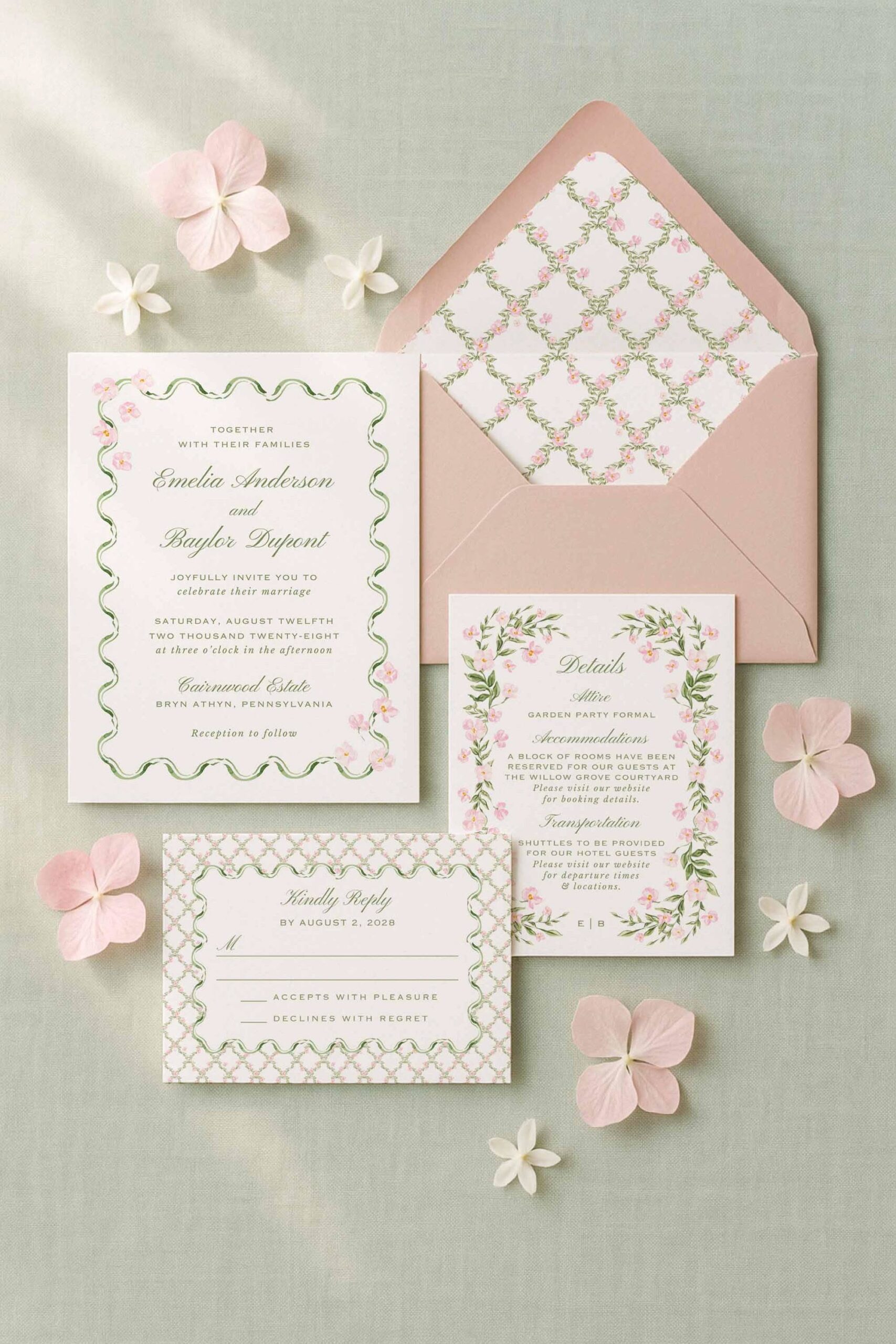 Watercolor Trellis Wedding Invitation Suite, Pink Floral Garden Wedding Invite Template, Green Wavy Scalloped Border, Digital Files, Floral4