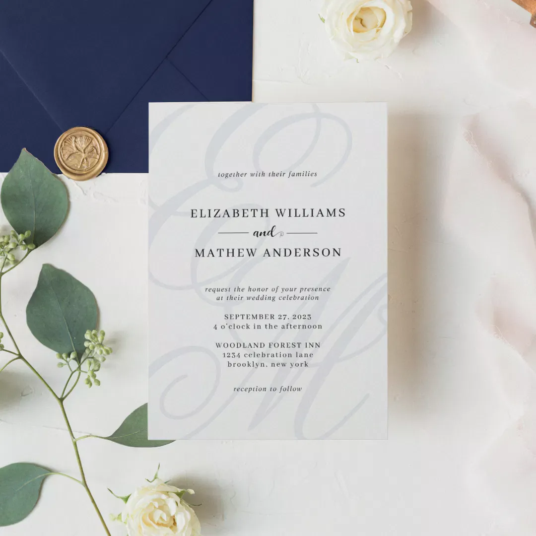 Elegant Calligraphy Navy Blue Monogram Wedding Invitation