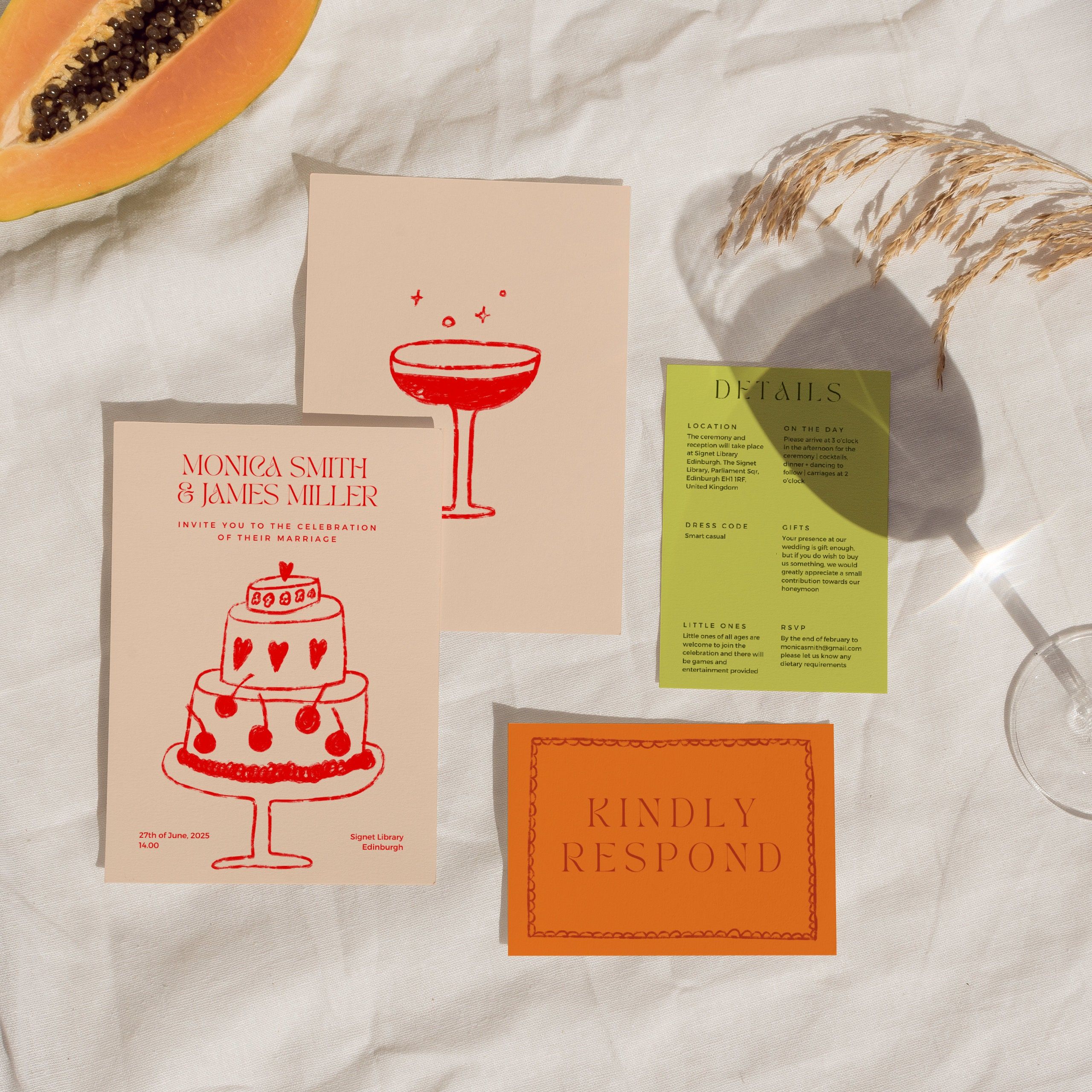 Hand Drawn Wedding Invite Suite | Custom Illustrated Wedding Stationery  | Unique Modern Colorful Wedding | Pink green orange stationary set