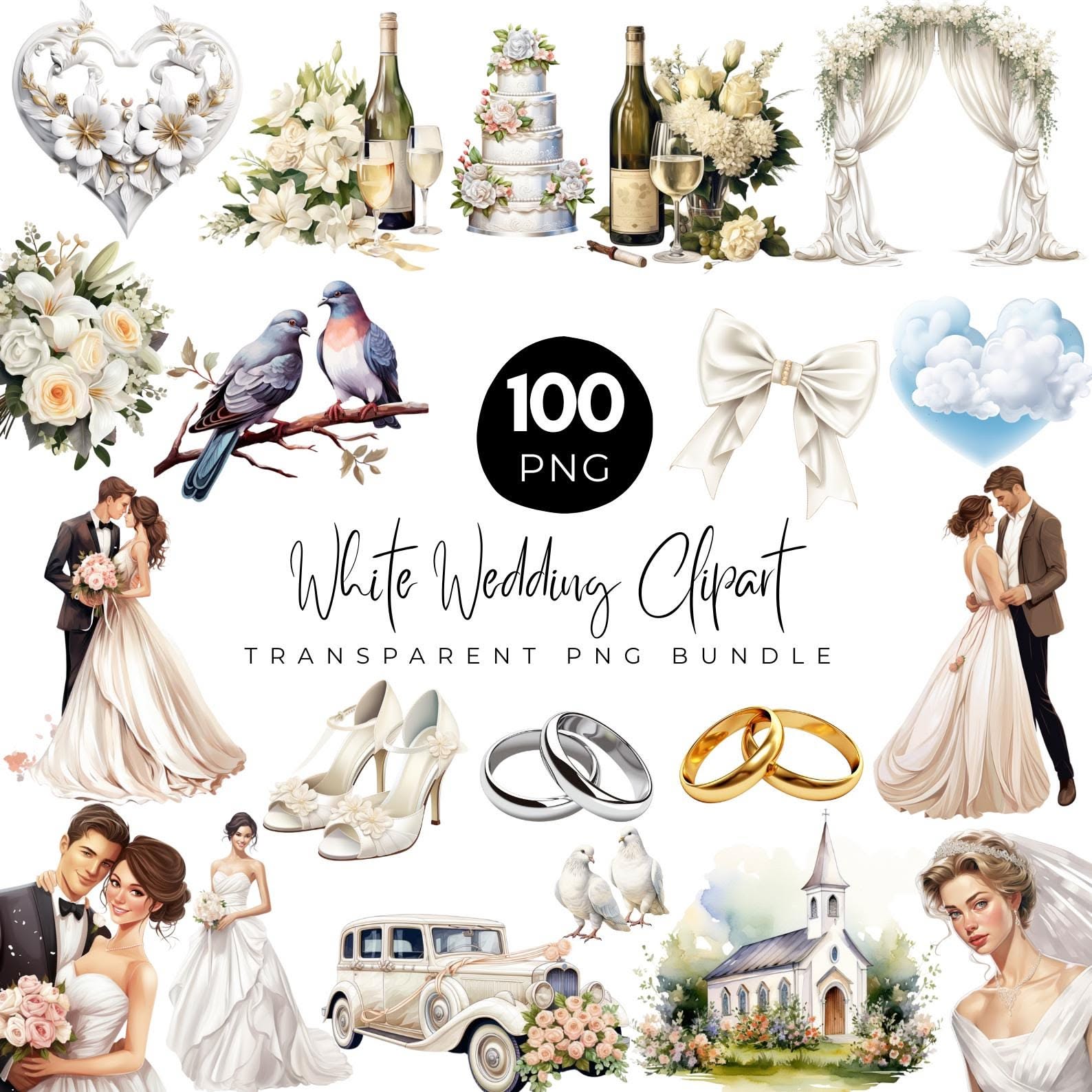 Lot de 100 cliparts mariage, aquarelle mariage blanc Clipart Png, éléments de mariage, clipart mariée, lieu de mariage, mariage rustique numérique