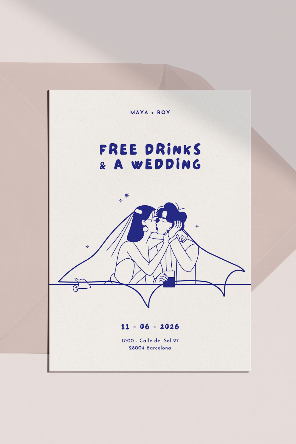 Free Drinks and a Wedding Invitation Template | Illustrated Hand-drawn Couple Veil Kiss
