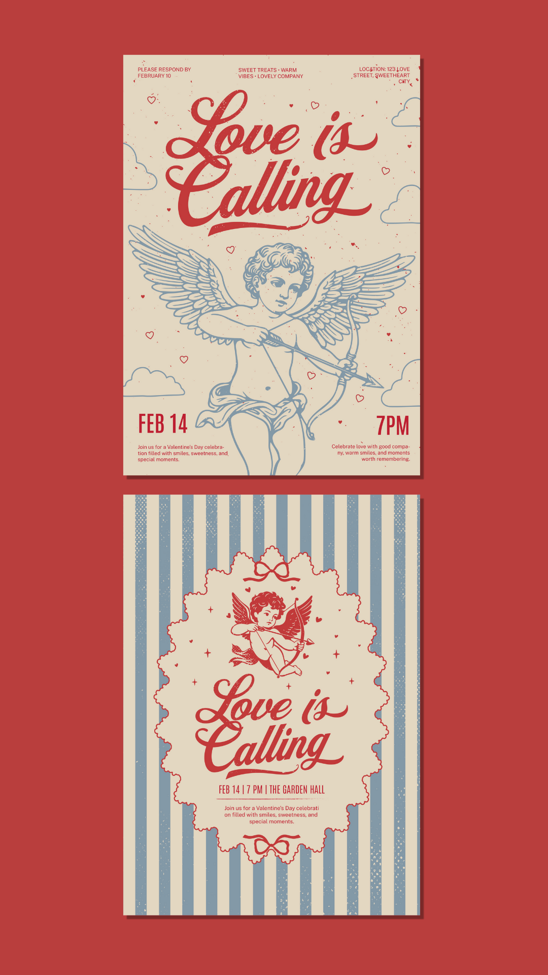 Romantic «Love is Calling» event poster with large vintage cupid illustration and clouds