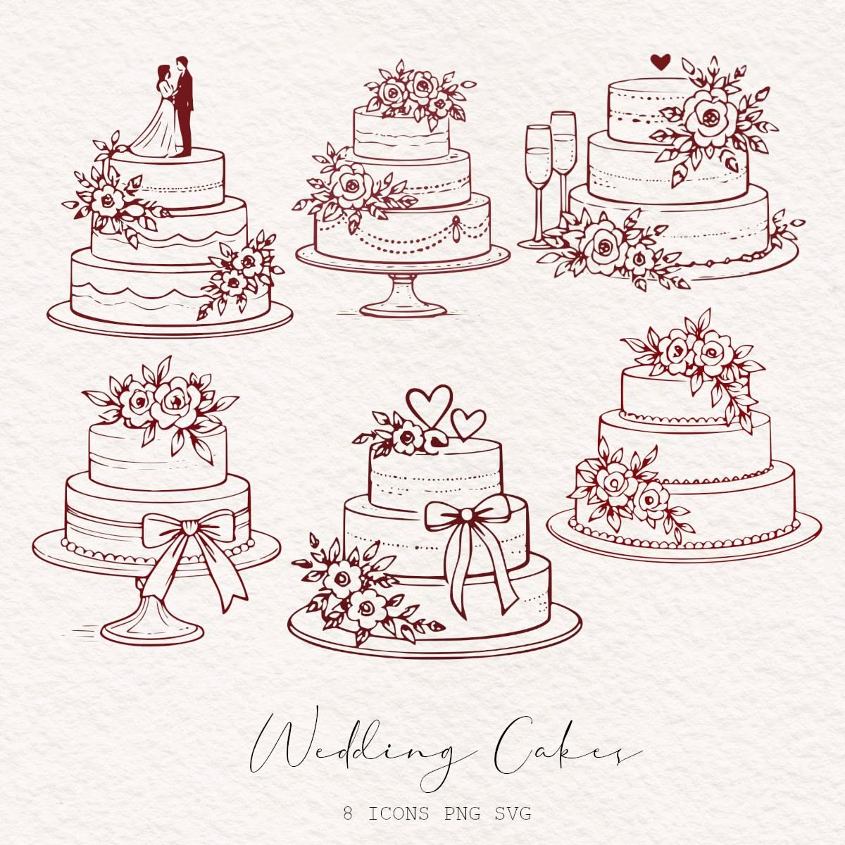 Ensemble de cliparts pour gâteau de mariage, mariage dessiné à la main PNG & SVG, illustrations de gâteau de mariage vintage, décoration nuptiale de douche, graphiques de mariage imprimables