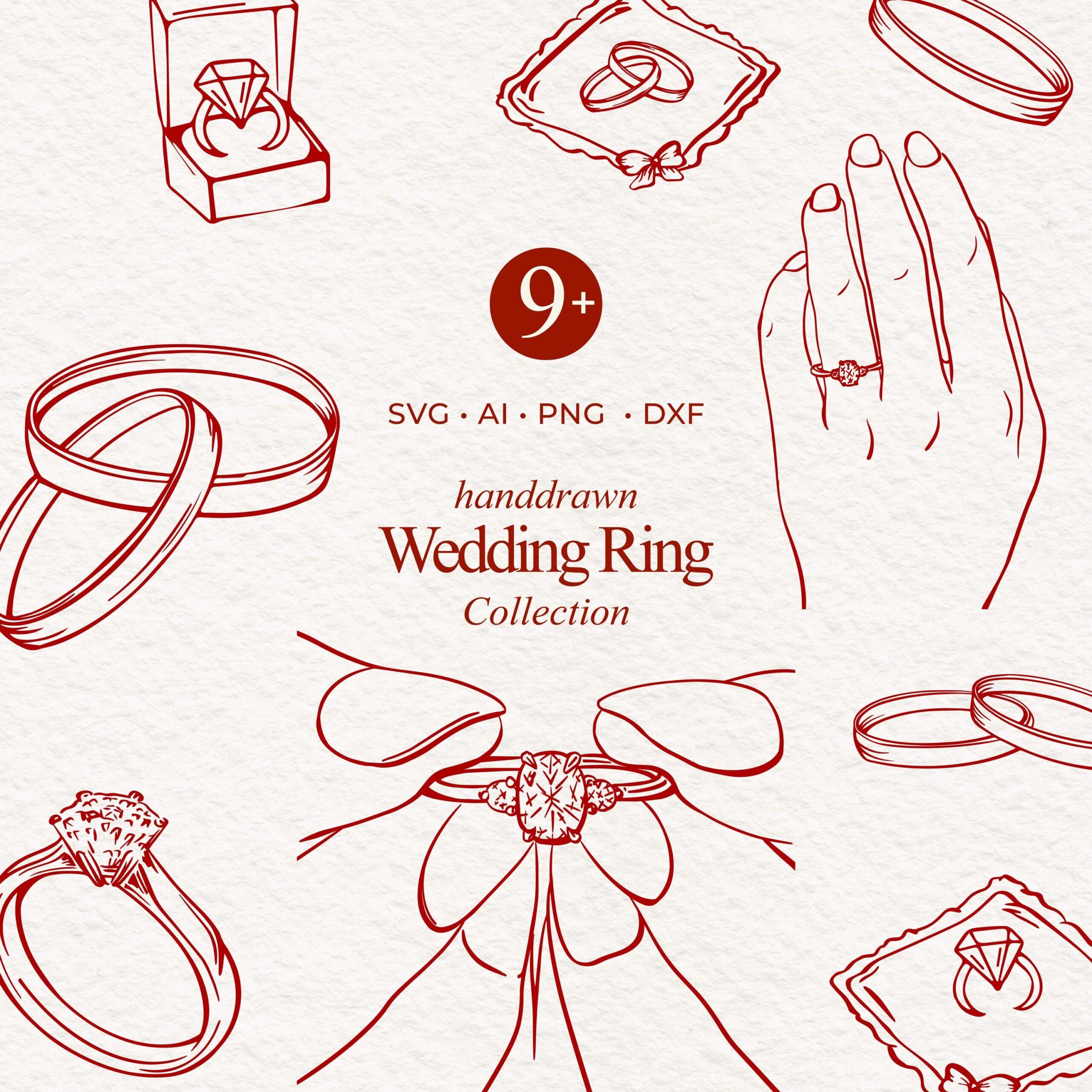 Icônes SVG de bague de mariage | Clipart mariage dessiné à la main | Plus de 9 gribouillages de mariage en svg png AI et DXF illustrations de bague de mariage pour la conception d’invitations
