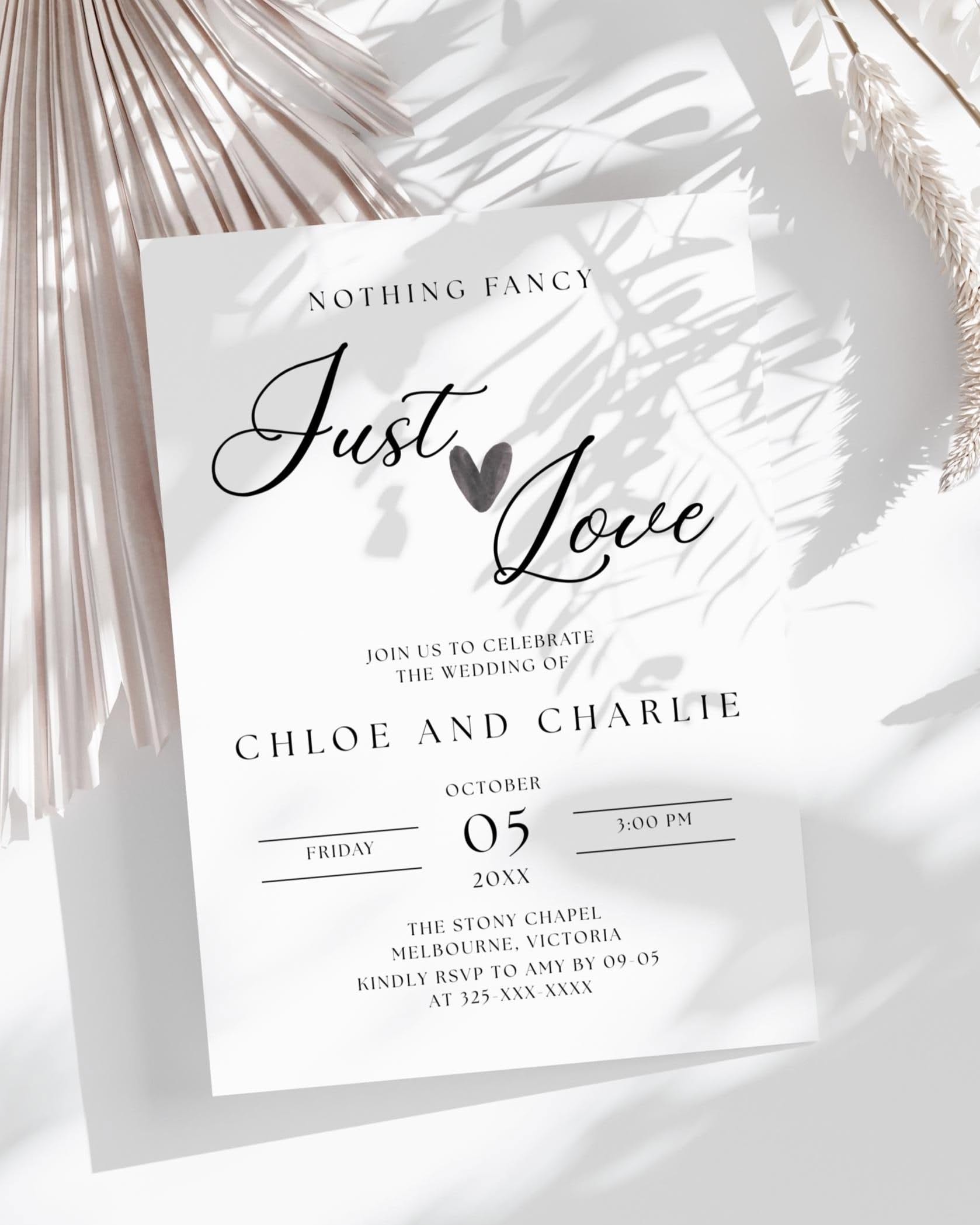 Modèle de faire-part de mariage rien d’extraordinaire, juste amour, carte d’invitation de mariage minimaliste, invitation modifiable moderne simple, impression sur toile