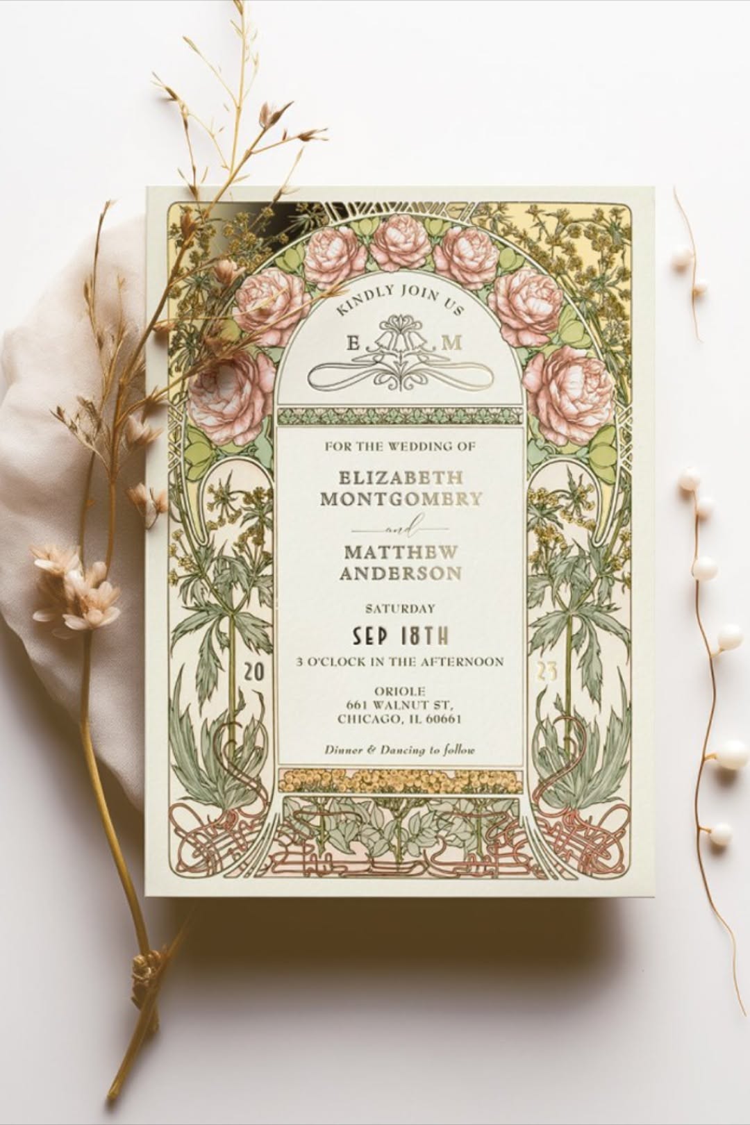 Gold Peonies Vintage Wedding Art Nouveau Foil Invitation