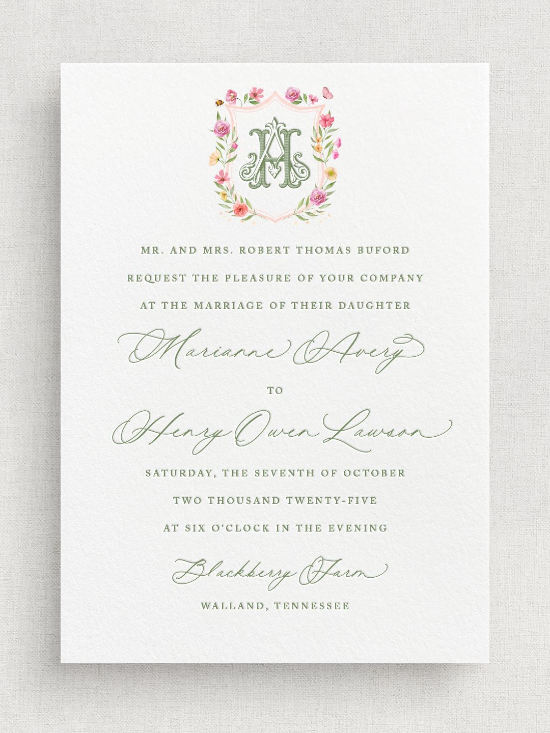 Elegant Letterpress Wedding Invitation with Watercolor Crest & Vintage Monogram