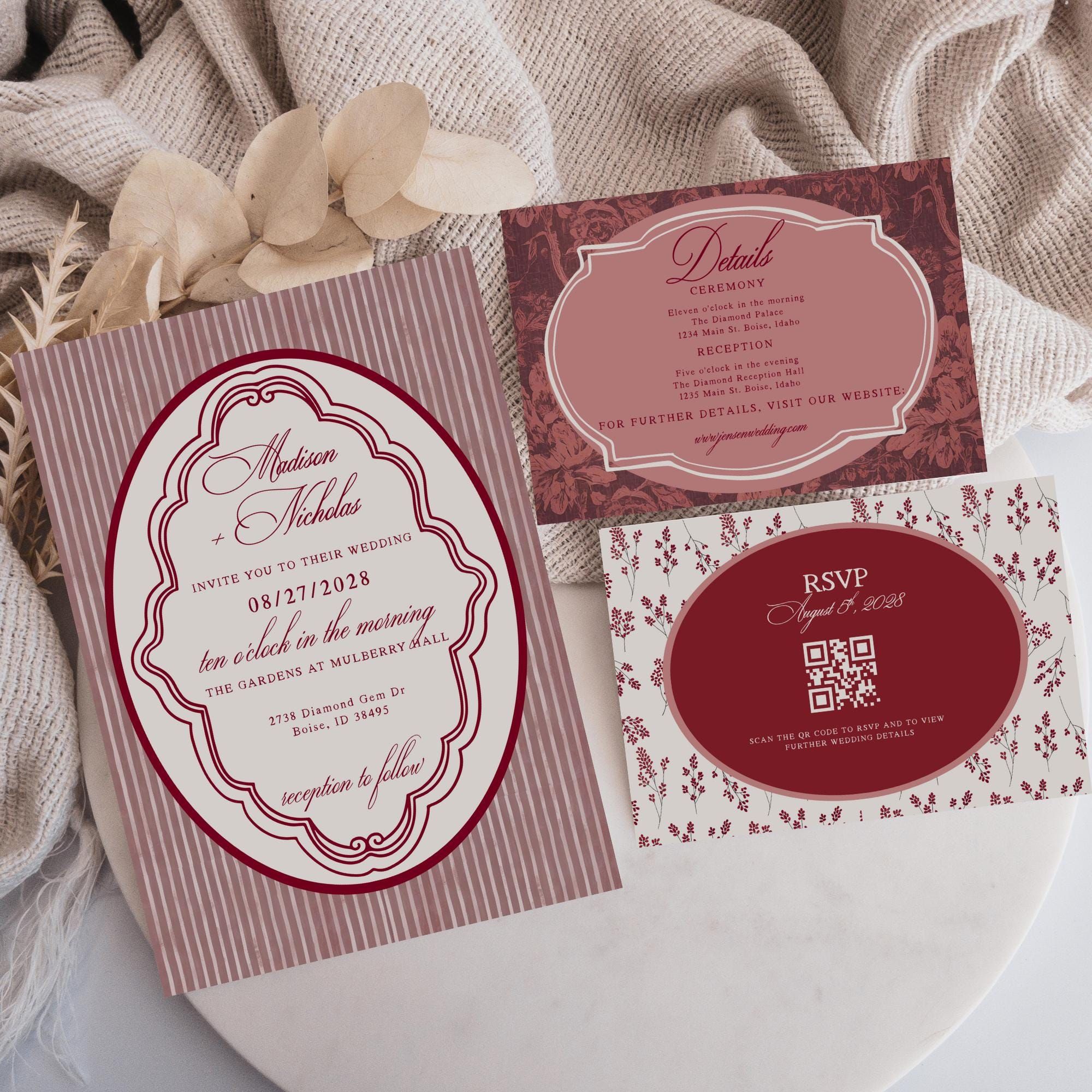 Suite de faire-part de mariage vintage bordeaux avec photo, modèle de toile modifiable, papeterie à rayures florales à l’ancienne