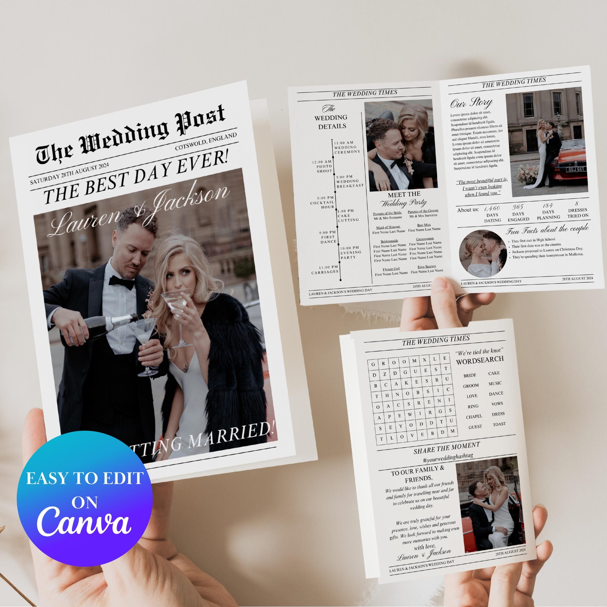Wedding Newspaper Program Template, Printable Newlywed Times Newspaper Wedding Program Infographic, Wed Newspaper Invitation